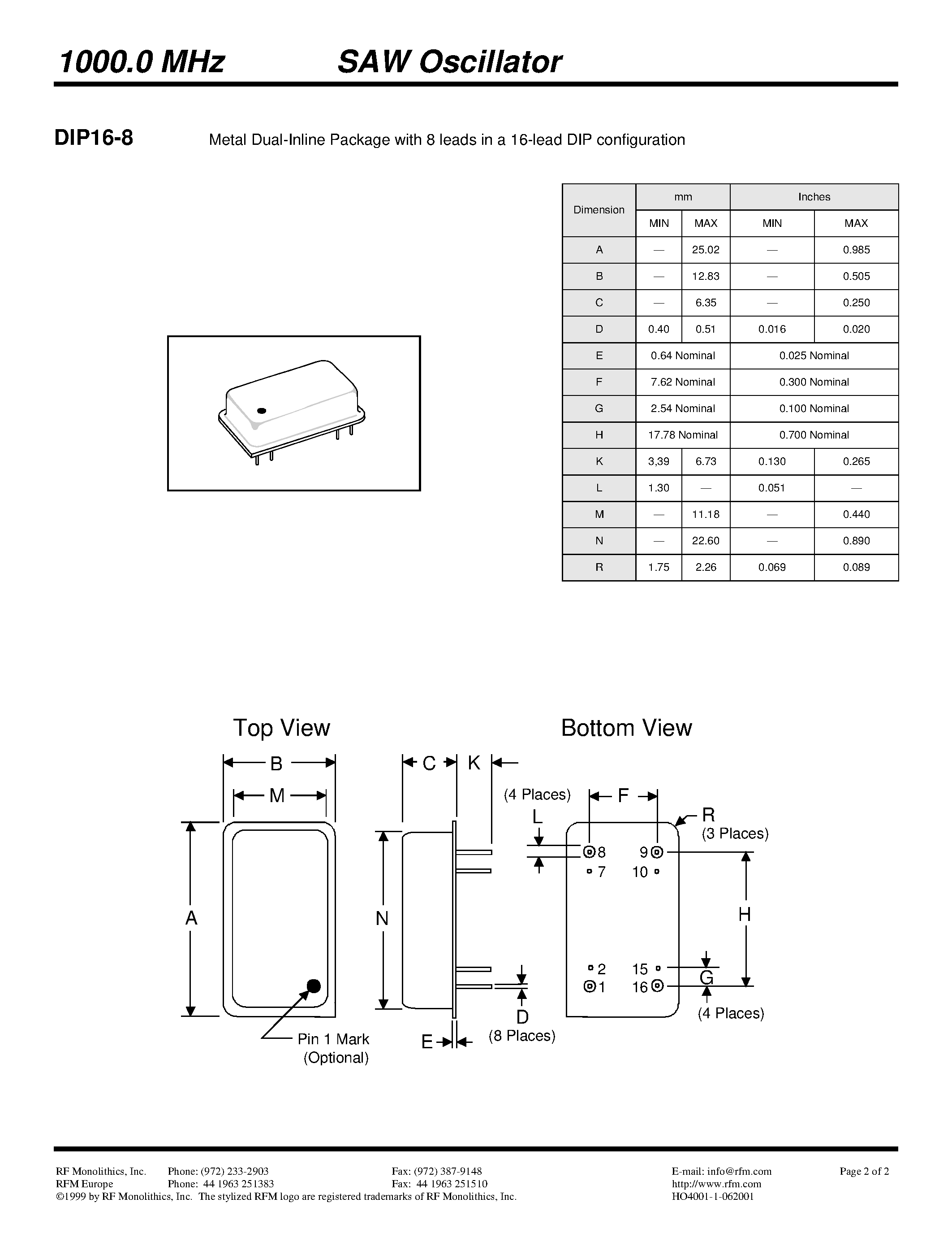 Даташит HO4001-1 - 1000.0 MHz SAW Oscillator страница 2