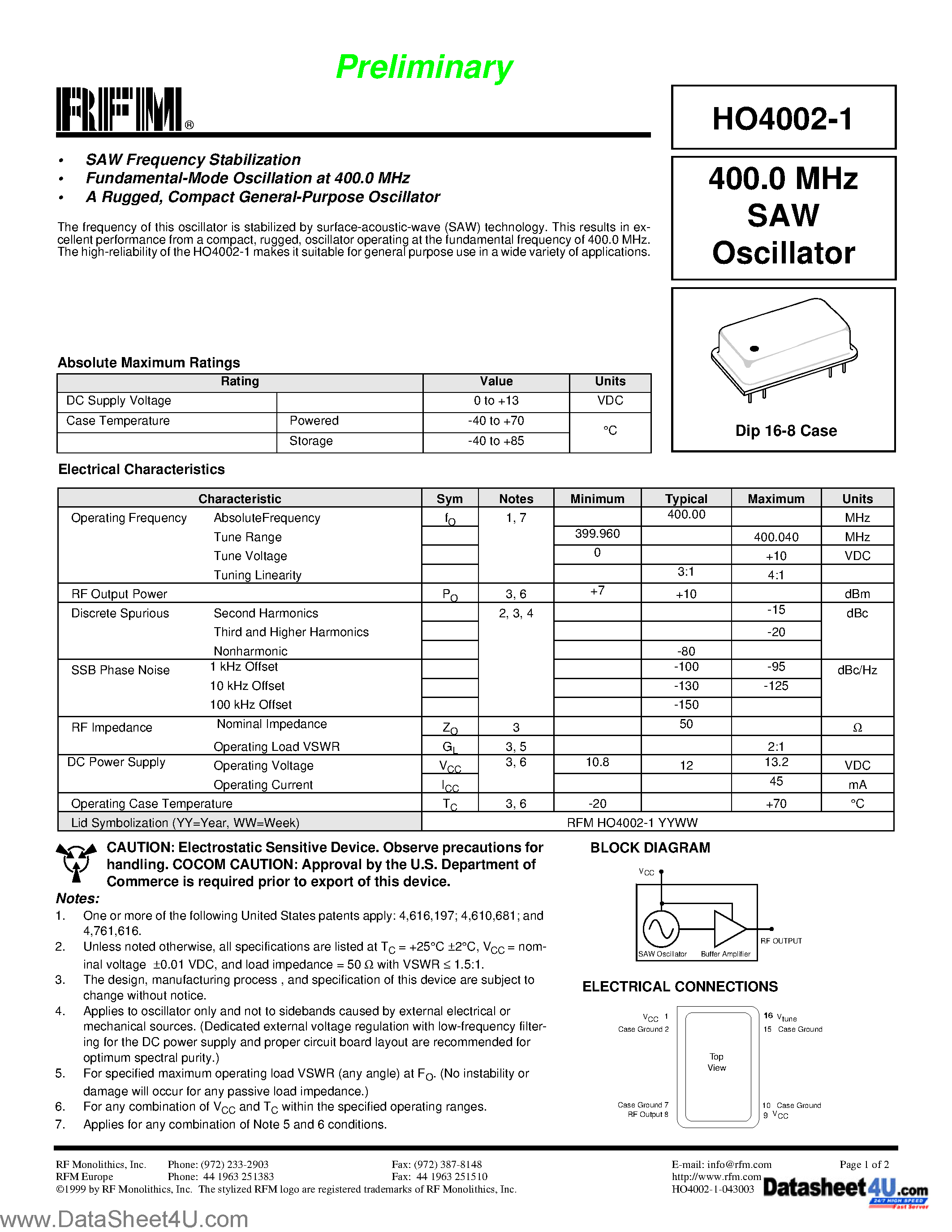 Даташит HO4002-1 - 400.0 MHz SAW Oscillator страница 1