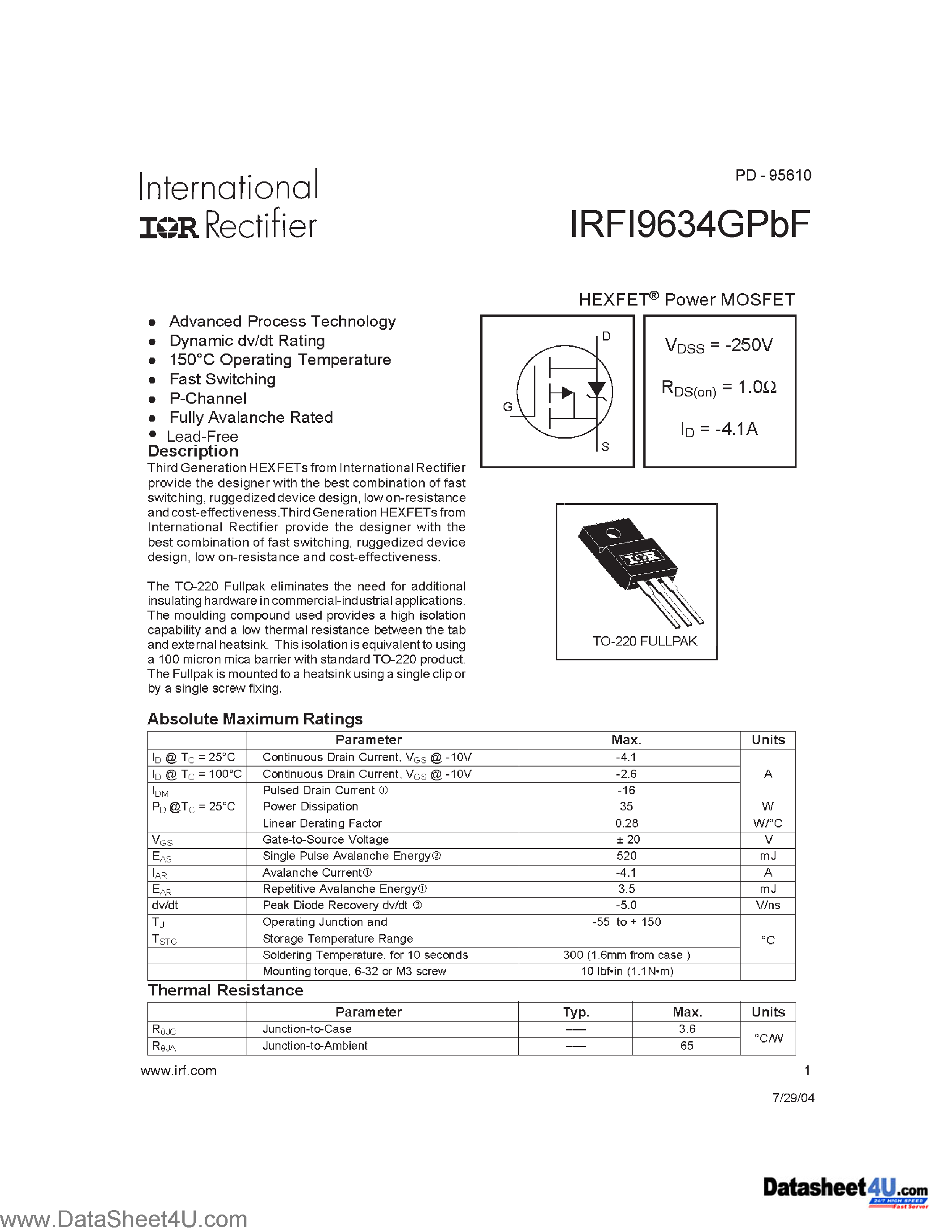 Datasheet IRFI9634GPBF - Power MOSFET page 1