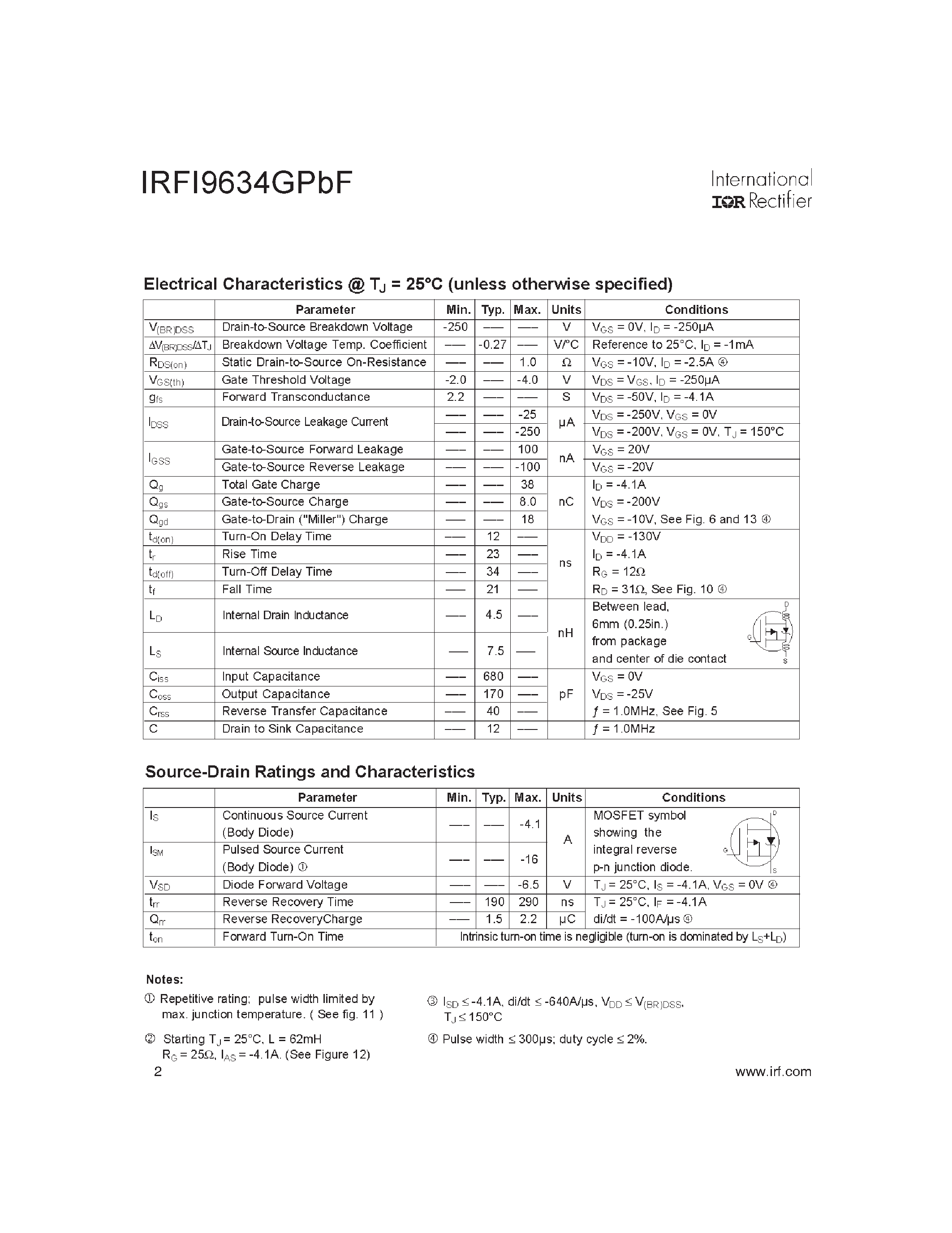 Datasheet IRFI9634GPBF - Power MOSFET page 2