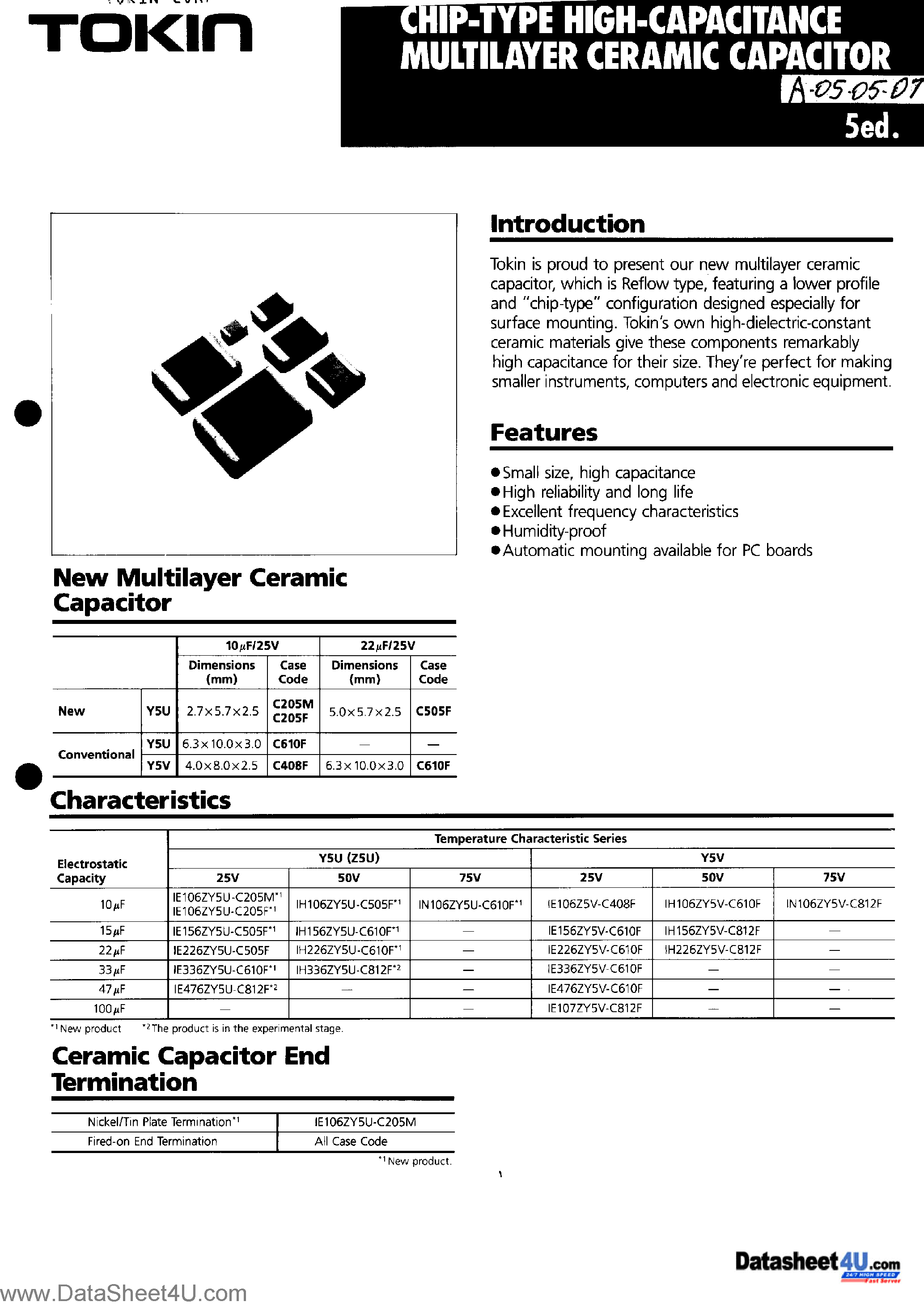 Datasheet 1N106ZY5U-Cxxx - Chip Type High Capacitance Multilayer Ceramic Capacitor page 1
