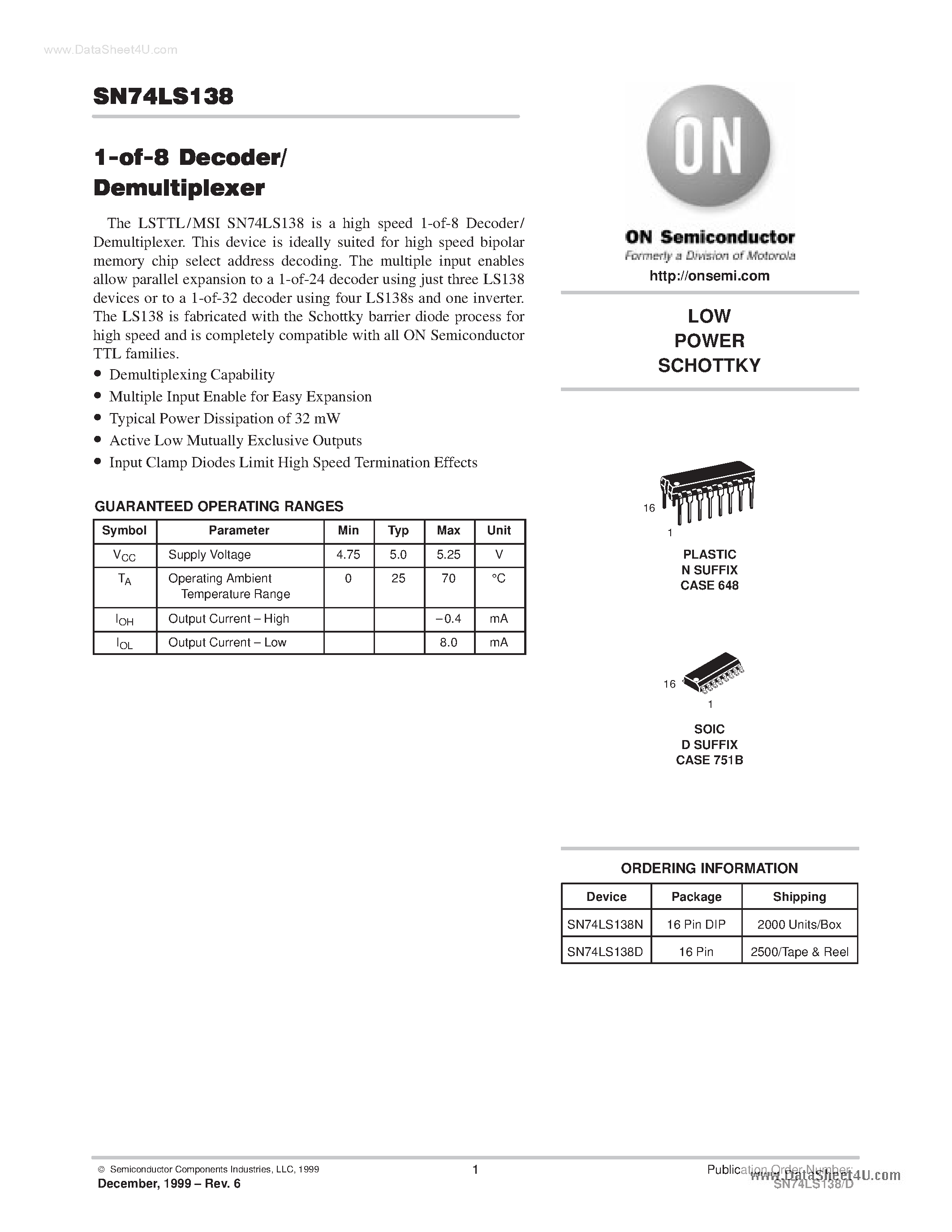Datasheet 74LS138 - Search -----> SN74LS138 / IN74LS138 page 1