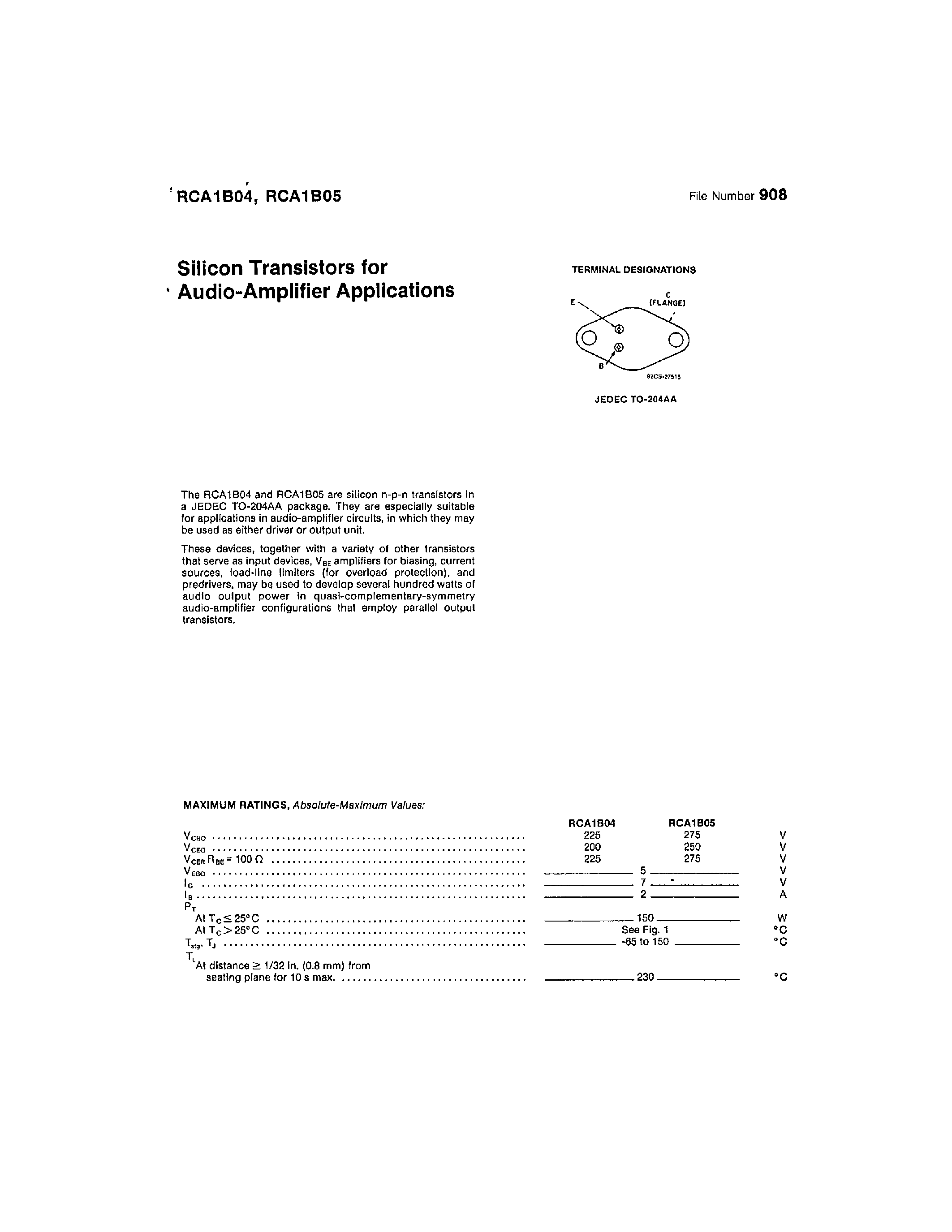 Datasheet RCA1B04 - (RCA1B04 / RCA1B05) SILICON TRANSISTORS FOR AUDIO-AMPLIFIER APPLICATIONS page 1