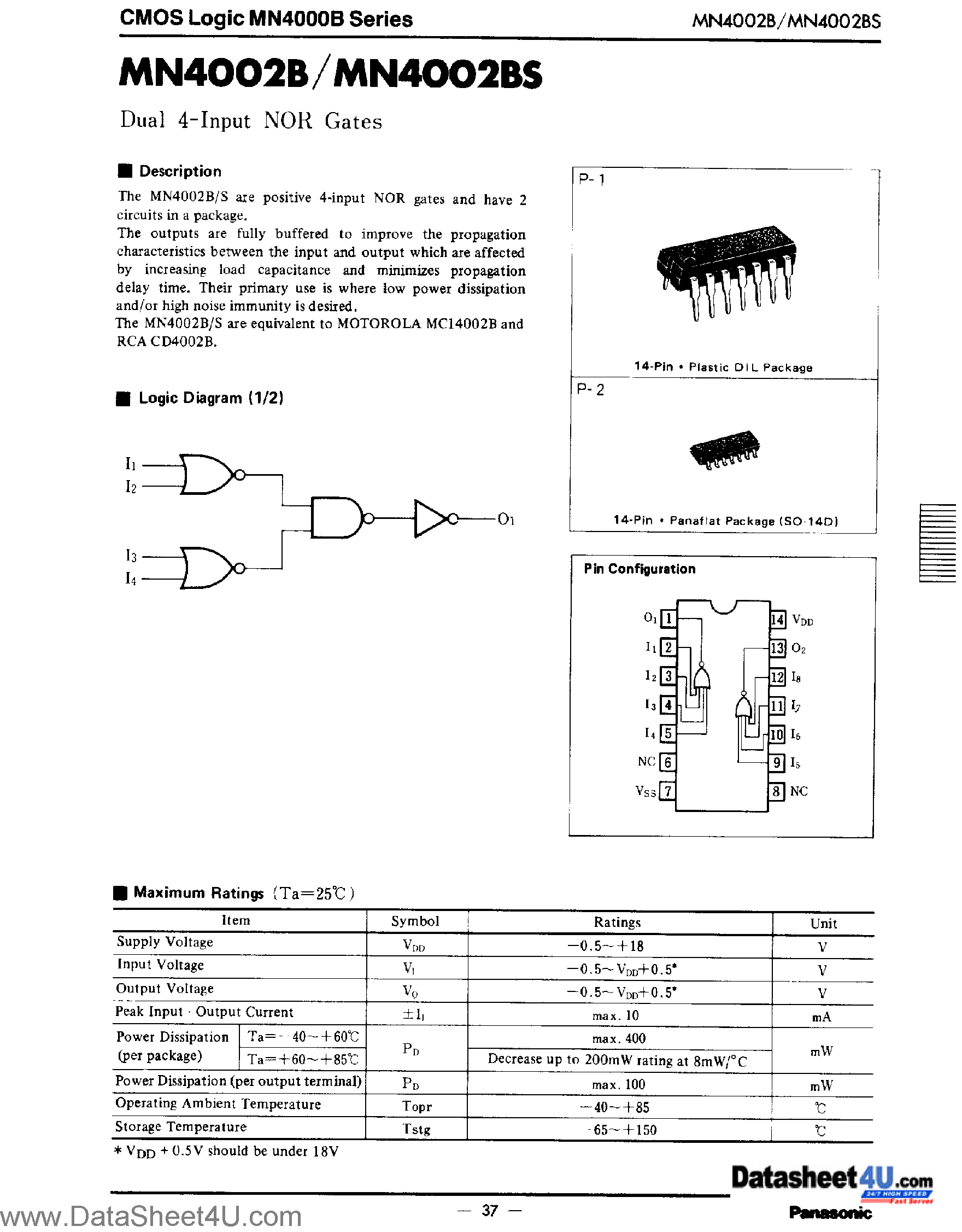 Datasheet MN4002B - Dual 4-Input NOR Gates page 1