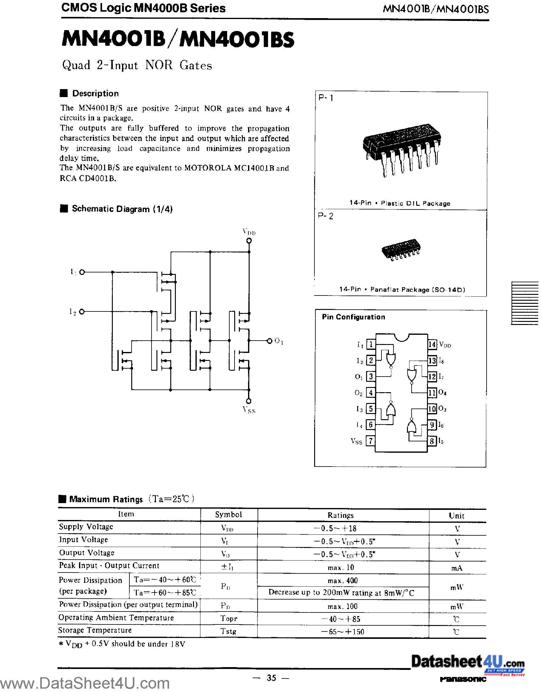 Datasheet MN4001B - quad 2-Input NOR Gates page 1