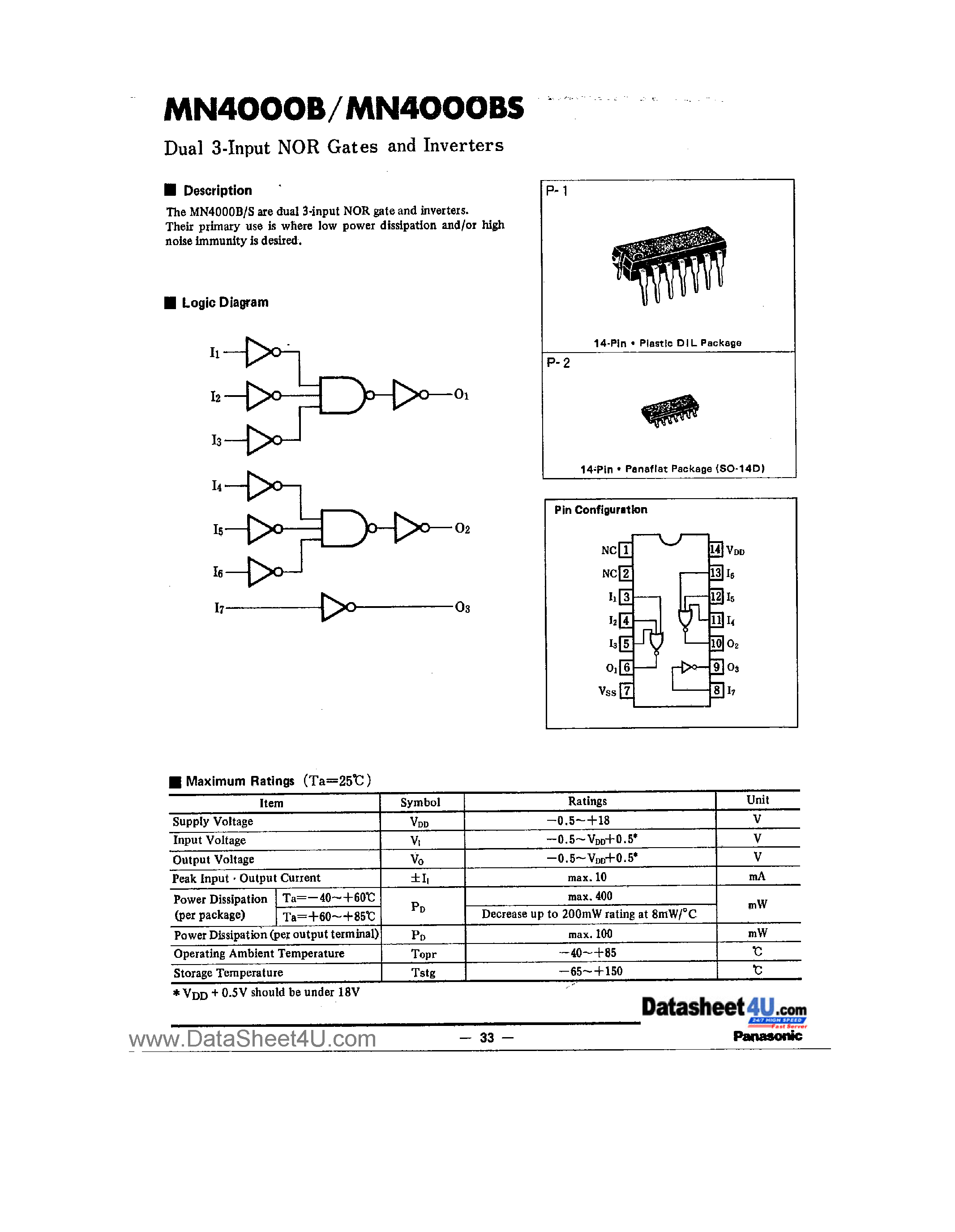 Datasheet MN4000B - Dual 3-Input NOR Gates and Inverters page 1