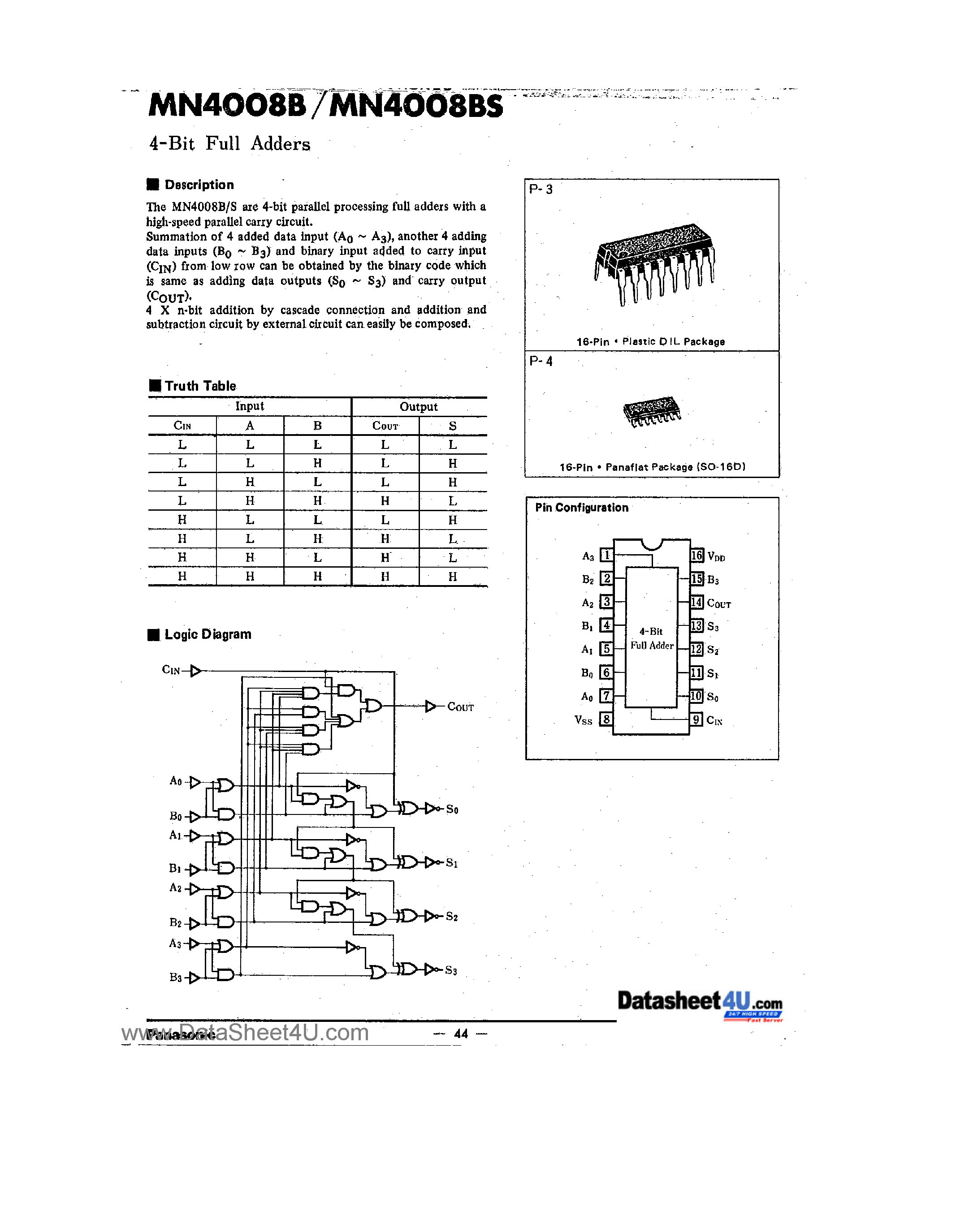 Datasheet MN4008B page 1 Datasheet MN4008B - 4-Bit Full Adders page 1