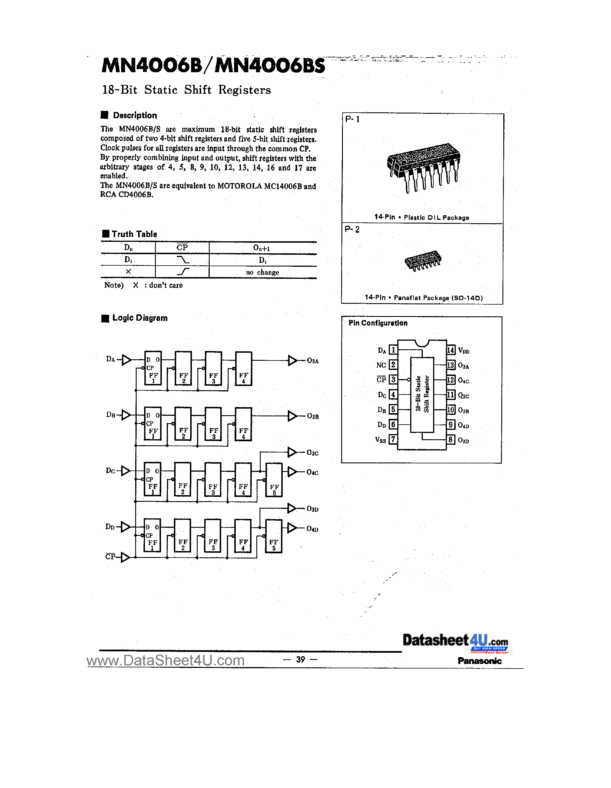 Даташит на микросхему MN4006B страница 1 Даташит MN4006B - 18-Bit Static Shift Registers страница 1