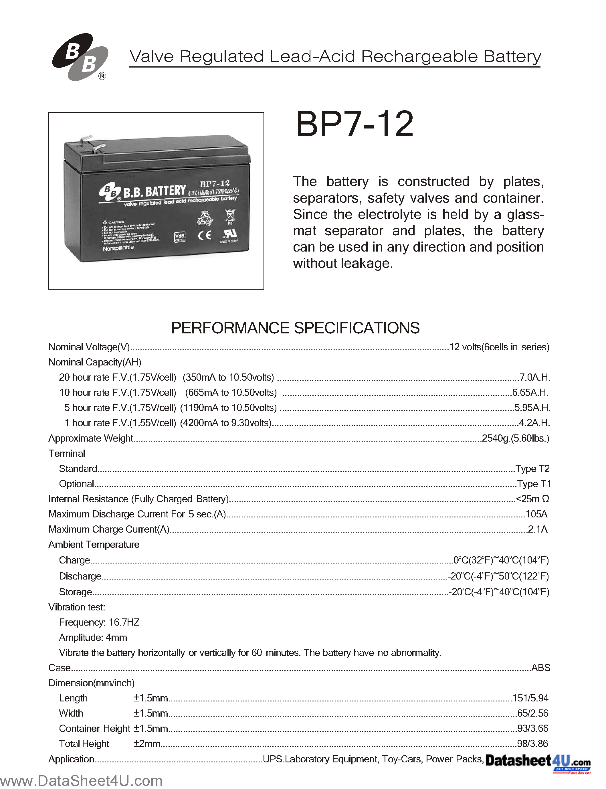 Datasheet BP7-12 - Valve Regulated Lead Acid Rechargeable Battery page 1