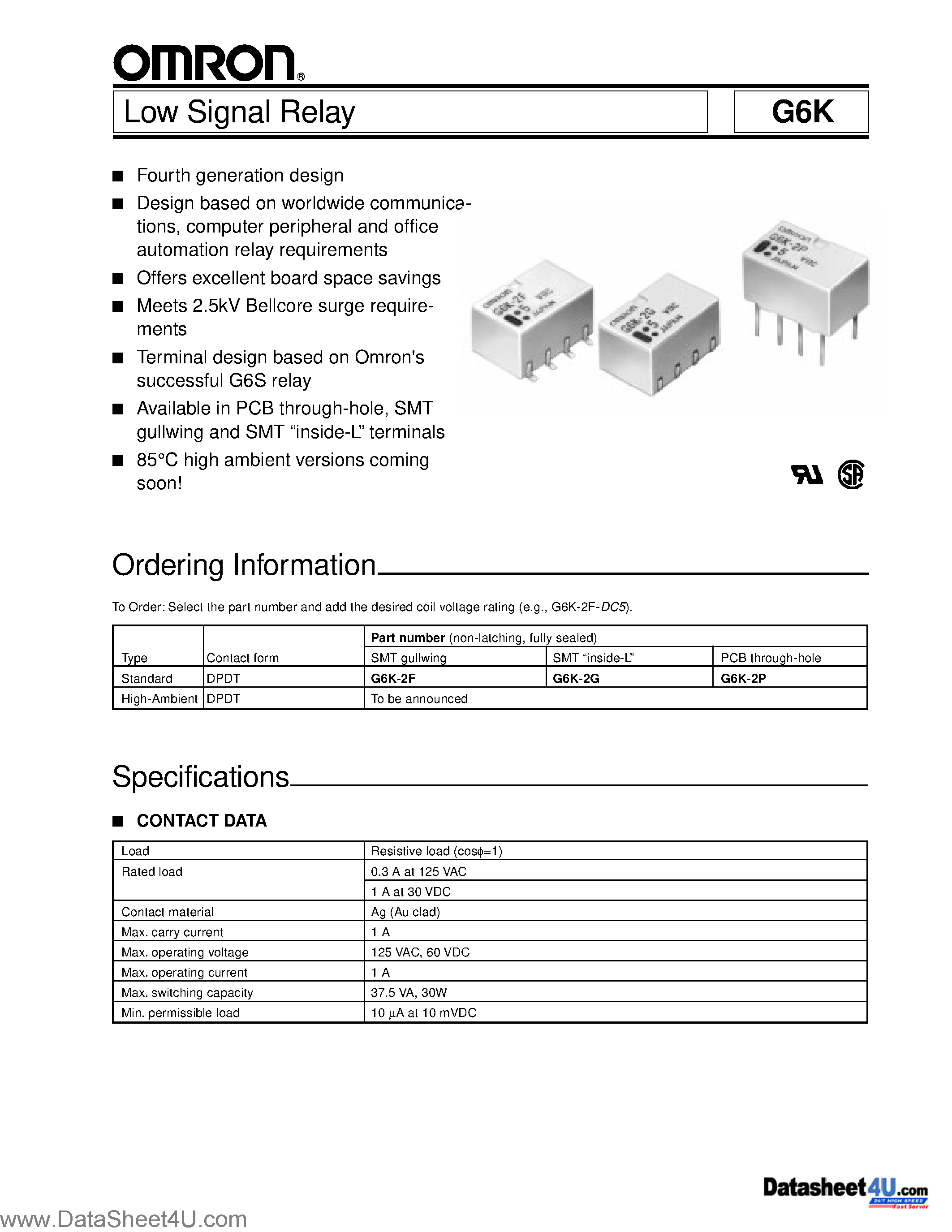 Даташит G6K-2F - (G6K Series) Low Signal Relay страница 1