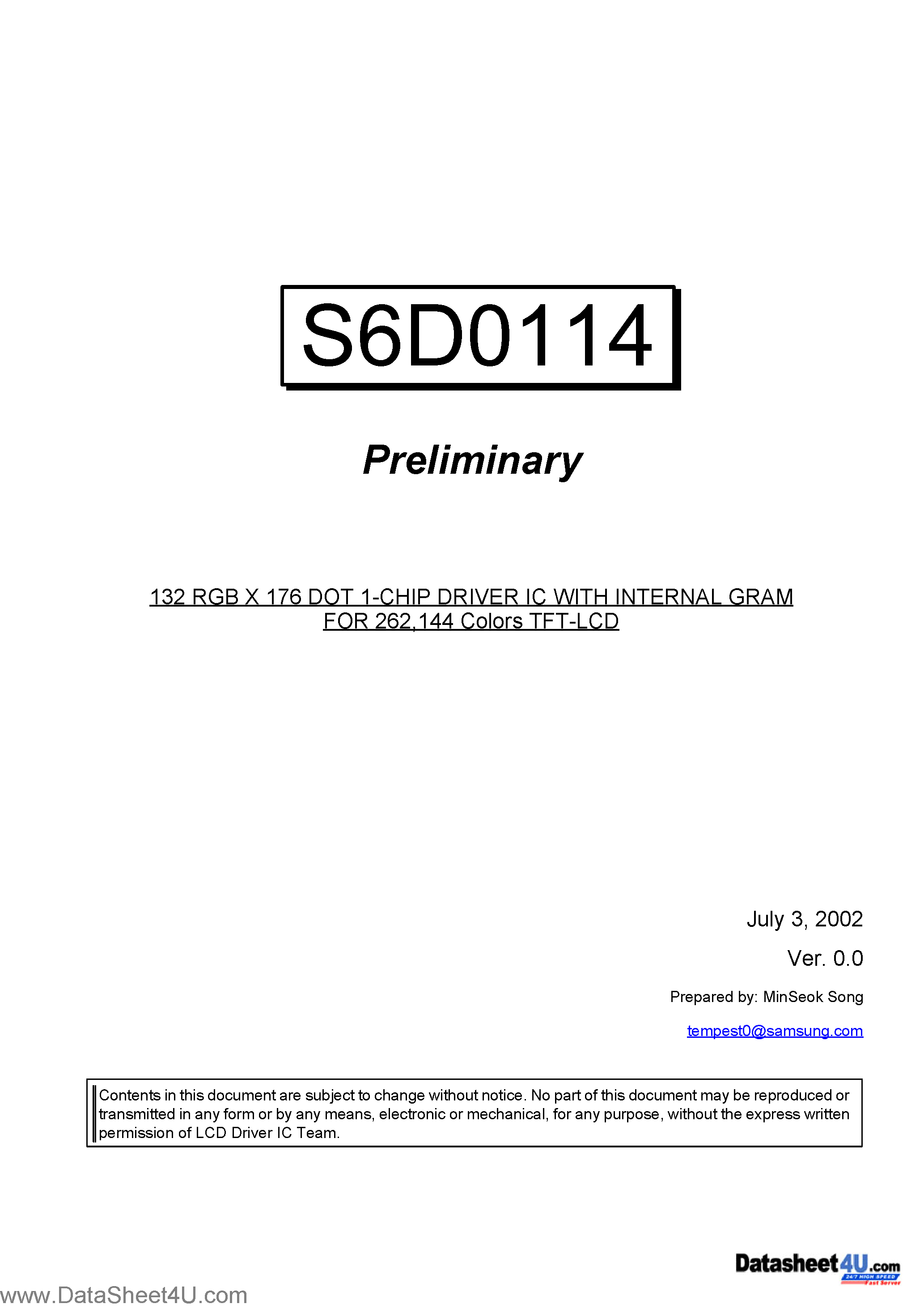 Datasheet S6D0114 - 132 RGB X 176 DOT 1-CHIP DRIVER IC page 1
