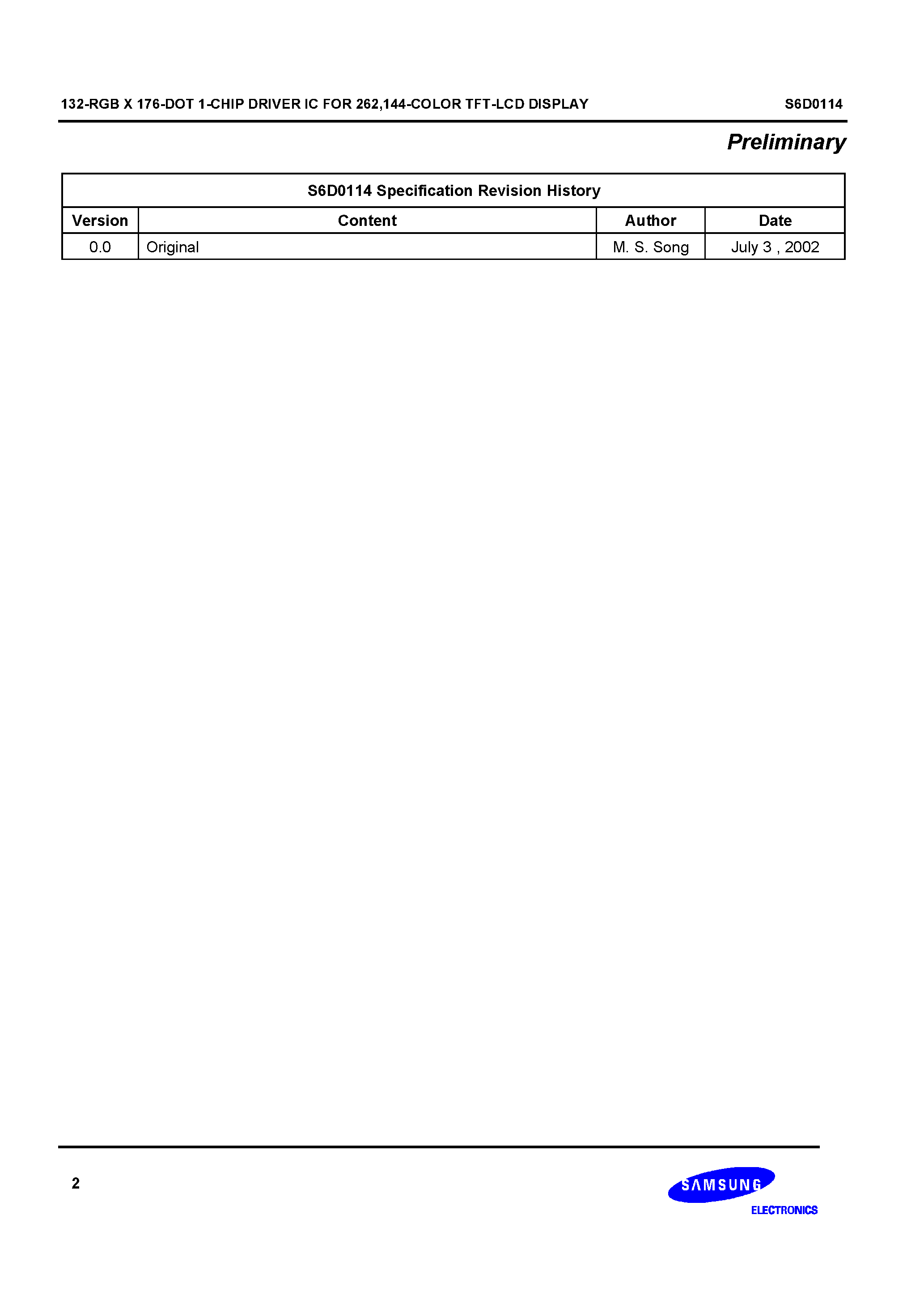 Datasheet S6D0114 - 132 RGB X 176 DOT 1-CHIP DRIVER IC page 2