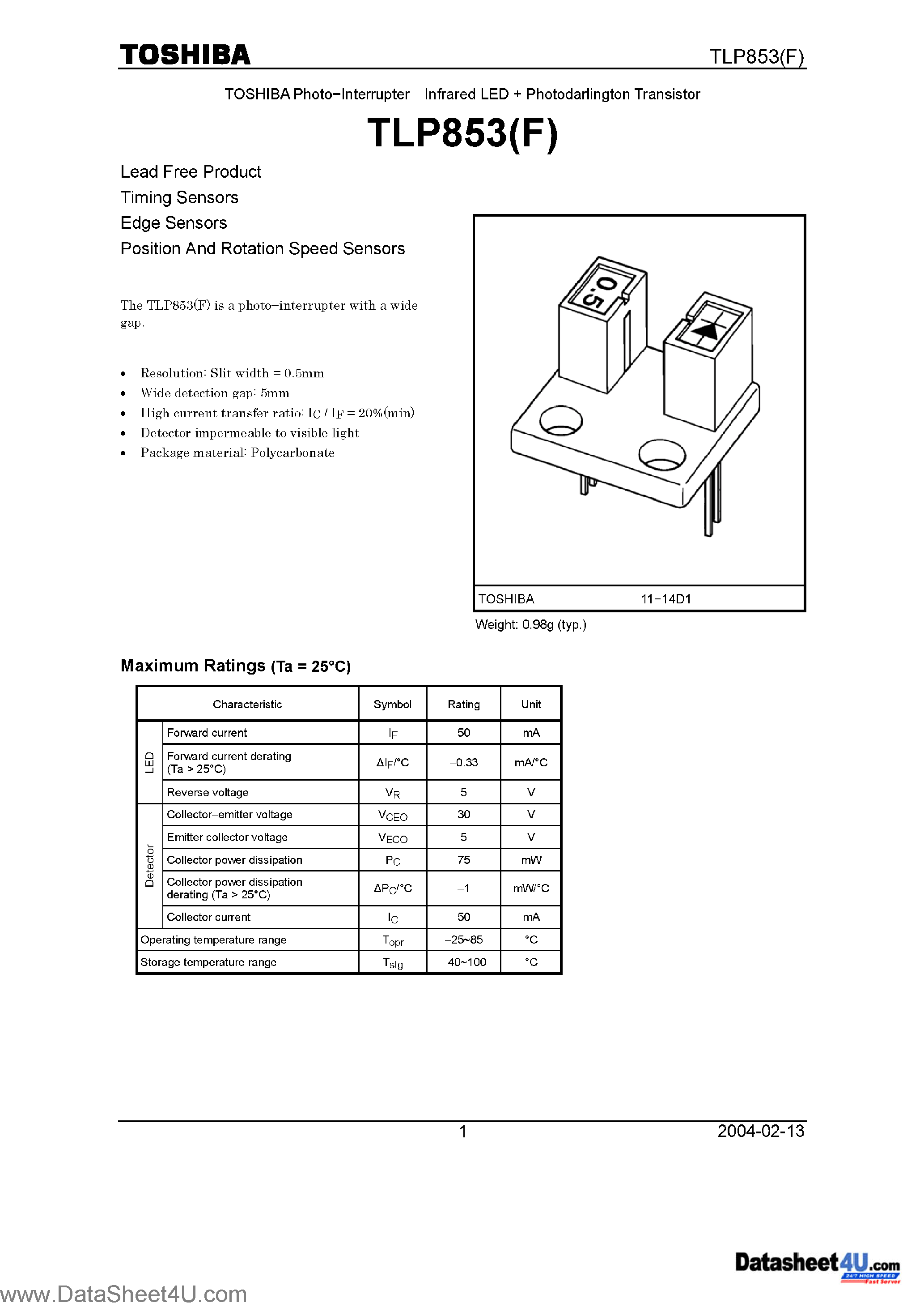 Datasheet TLP853F - Infrared Led + Photo Darlington Transistor page 1