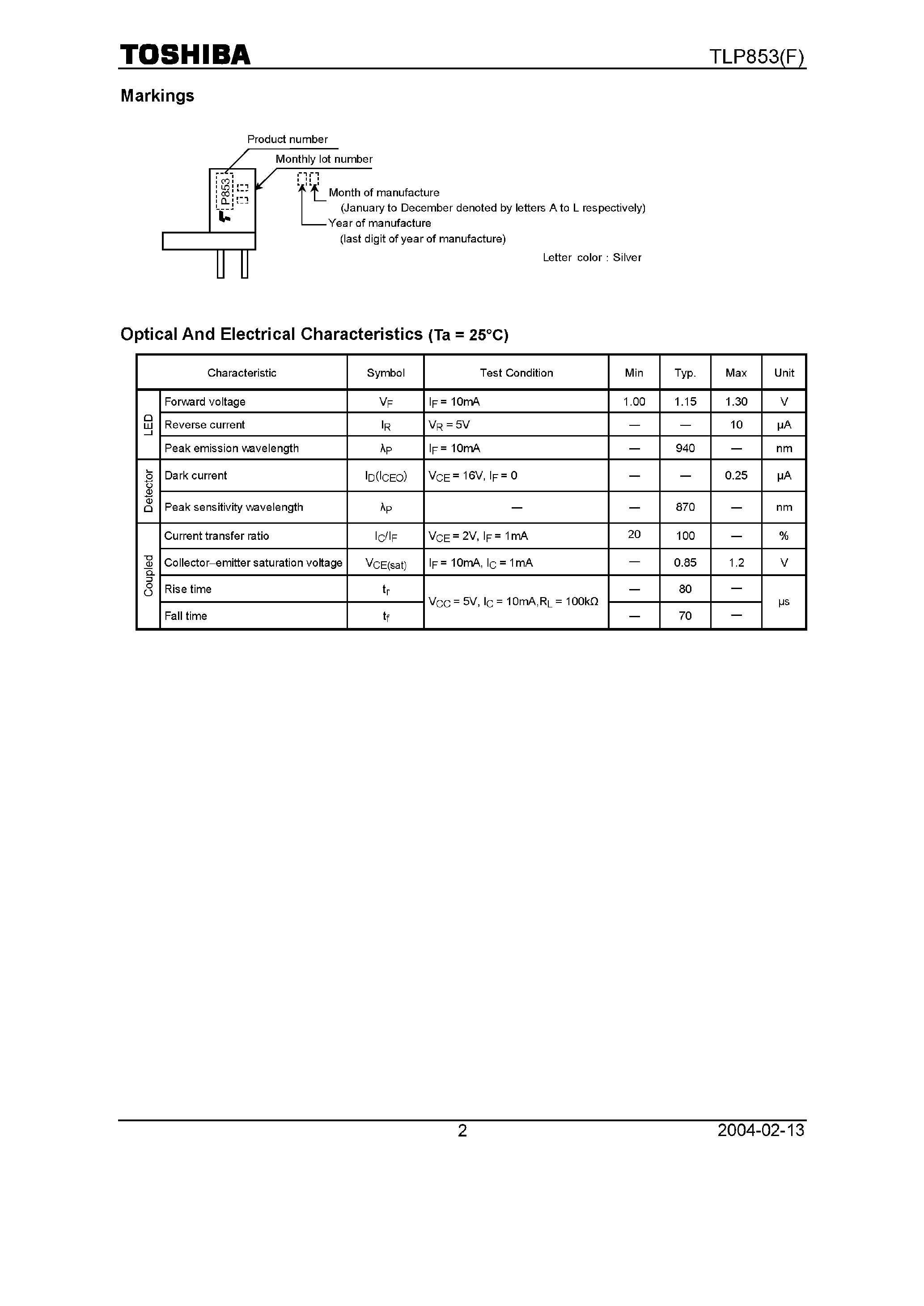 Datasheet TLP853F - Infrared Led + Photo Darlington Transistor page 2