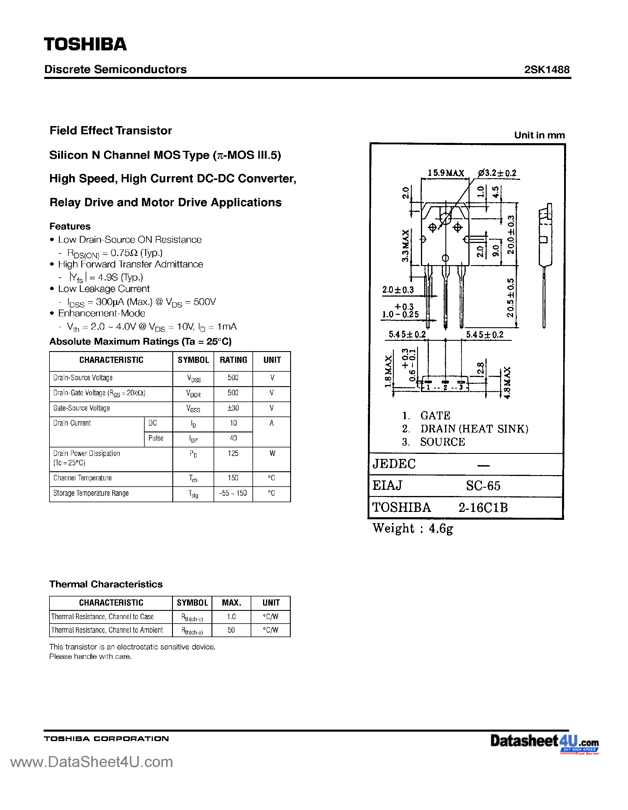 Даташит 2SK1488 - Field Effect Transistor Silicon N Channel MOS Type страница 1