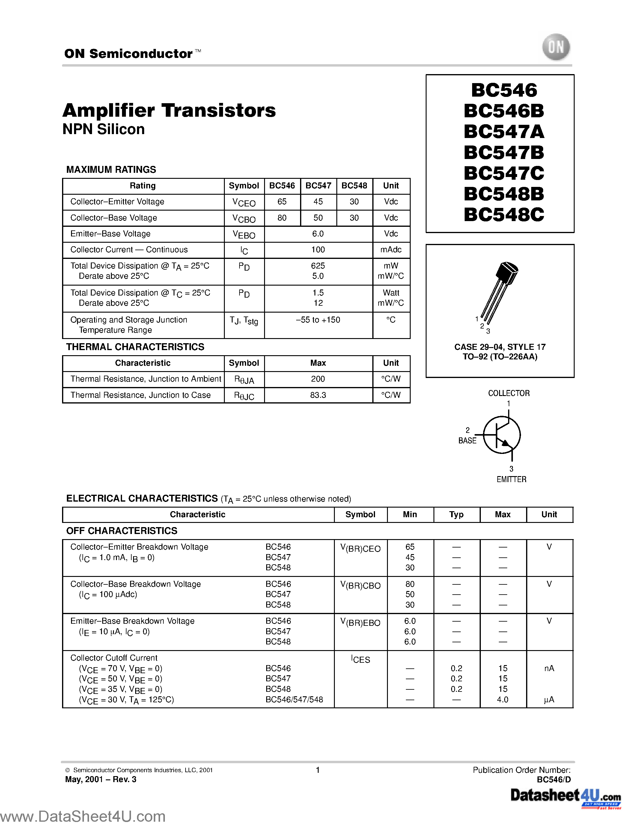 Даташит BC546 - (BC54xx) Amplifier Transistors страница 1