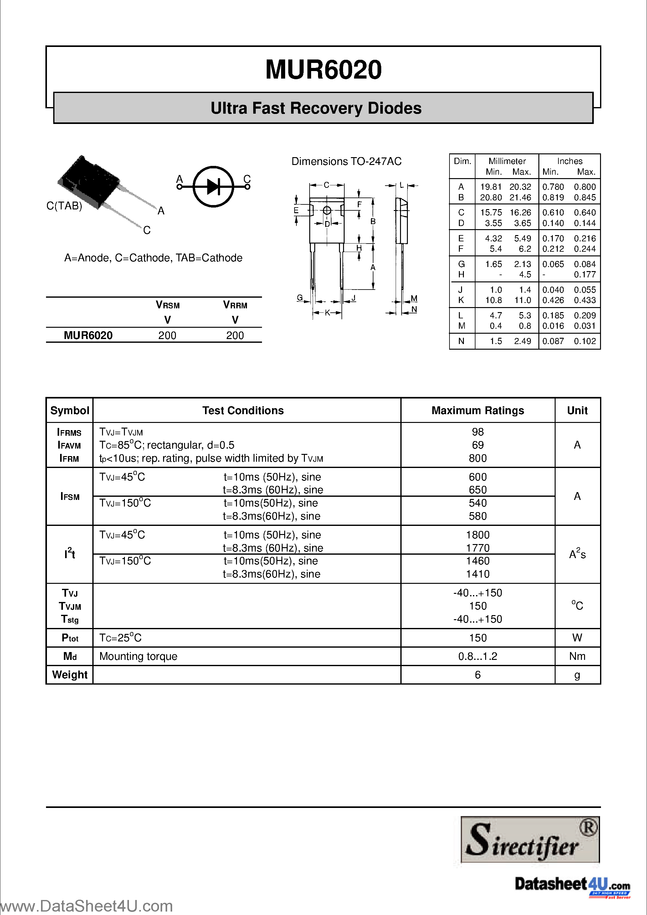 Даташит на микросхему MUR6020 страница 1 Даташит MUR6020 - Ultra Fast Recovery Diodes страница 1