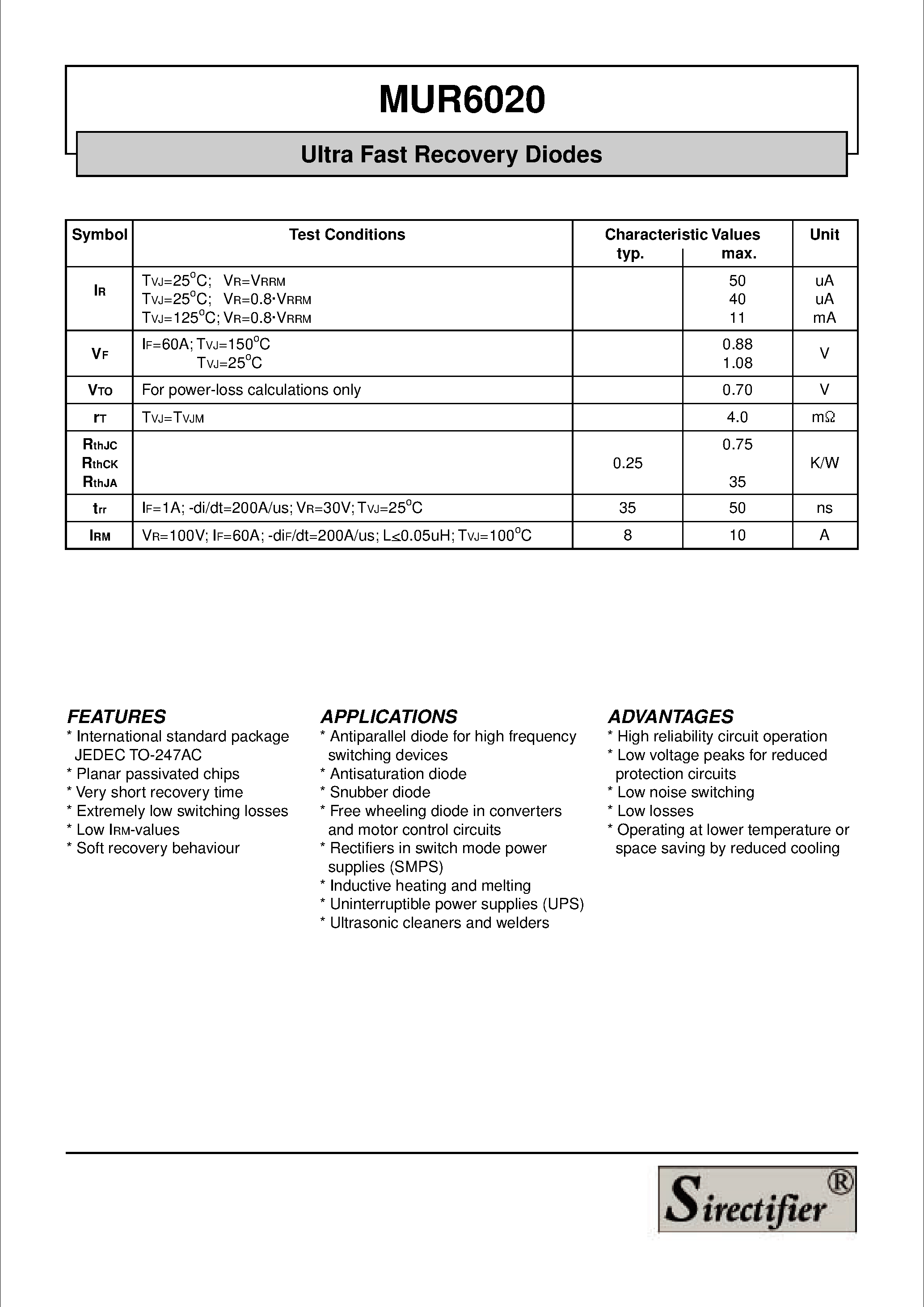 Даташит на микросхему MUR6020 страница 2 Даташит MUR6020 - Ultra Fast Recovery Diodes страница 2