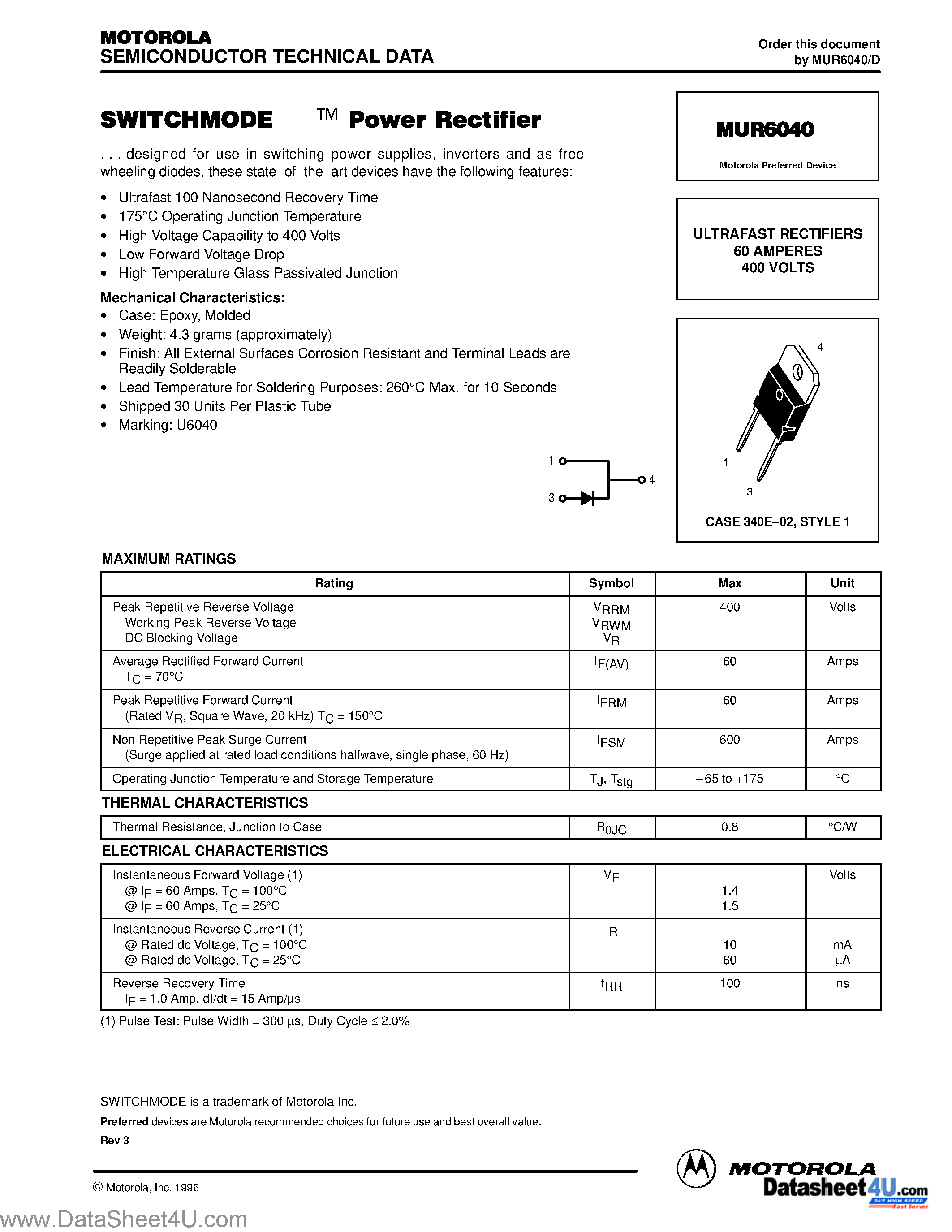 Datasheet MUR-6040 page 1 Datasheet MUR-6040 - ULTRAFAST RECTIFIERS 60 AMPERES 400 VOLTS page 1