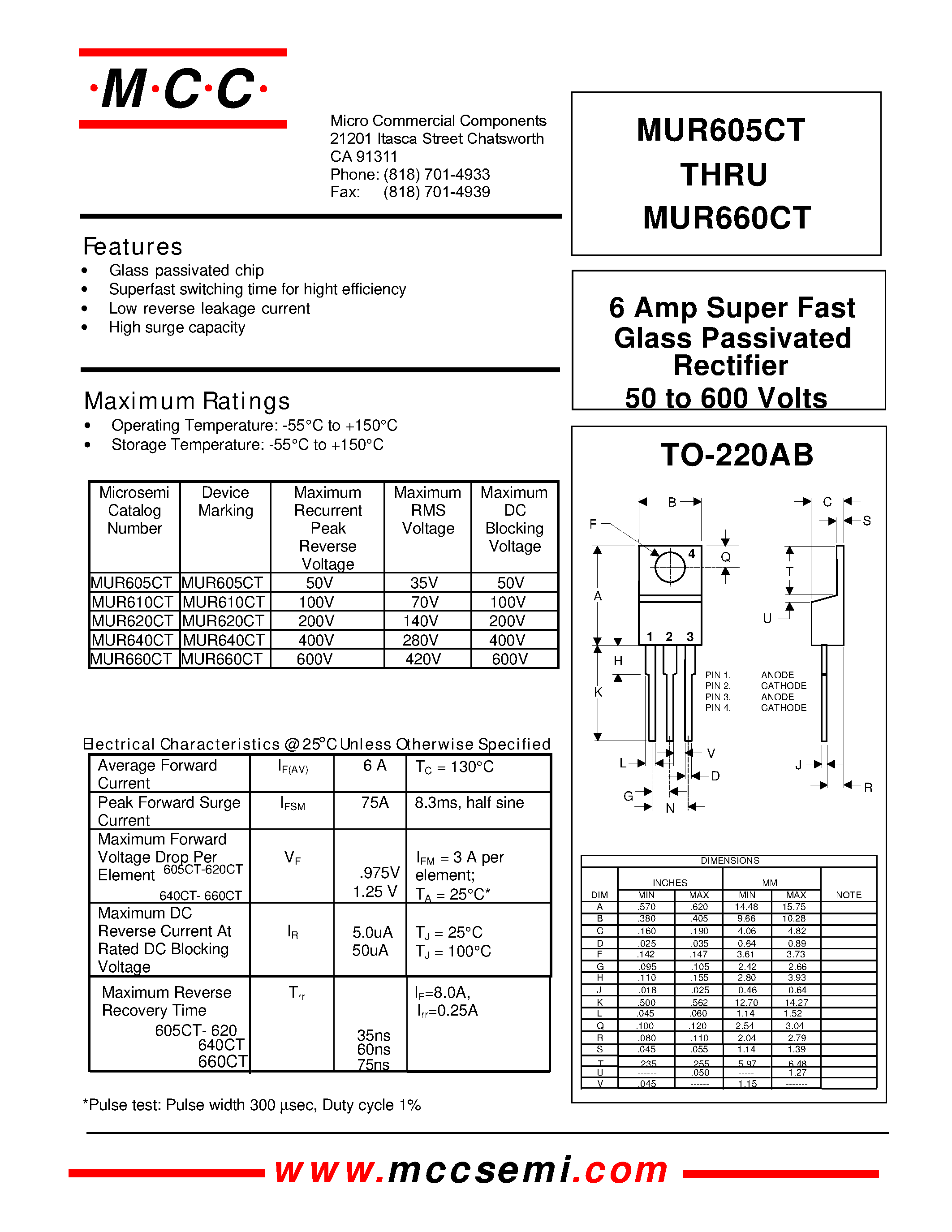 Datasheet MUR605CT - (MUR605CT - MUR660CT) 6 Amp Super Fast Glass Passivated Rectifier 50 to 600 Volts page 1