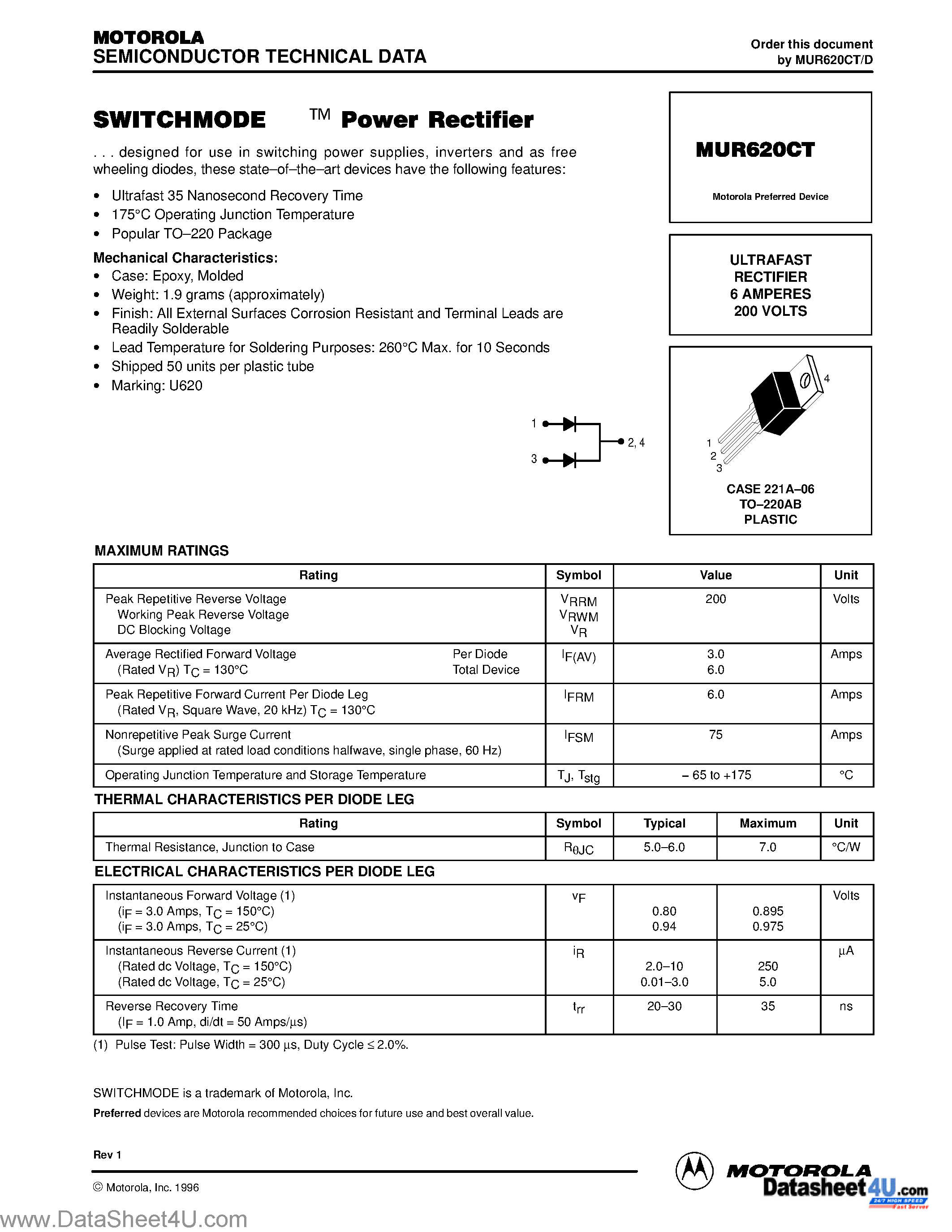 Datasheet MUR620CT - ULTRAFAST RECTIFIER 6 AMPERES 200 VOLTS page 1