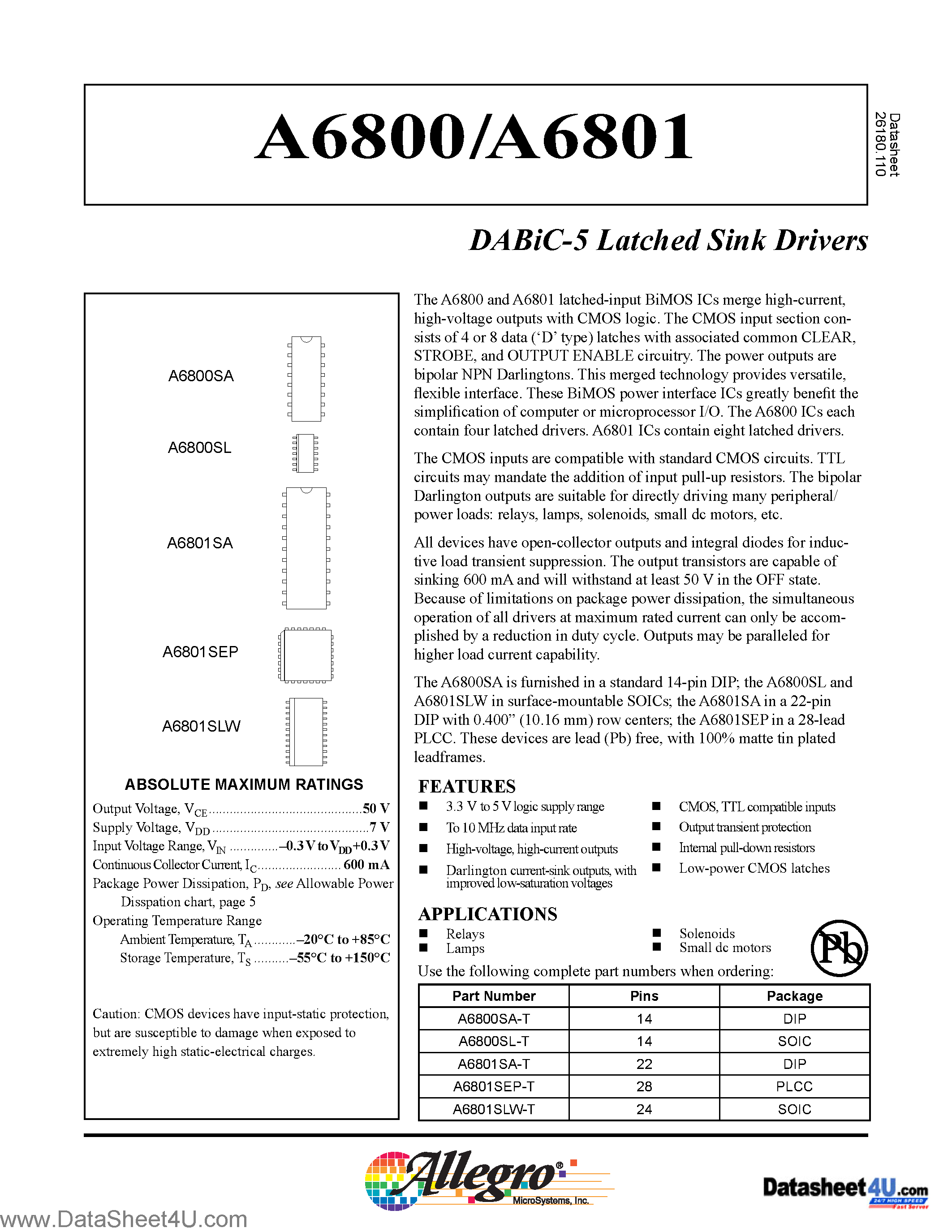 Datasheet A6800 - (A6800 / A6801) DABiC-5 Latched Sink Drivers page 1