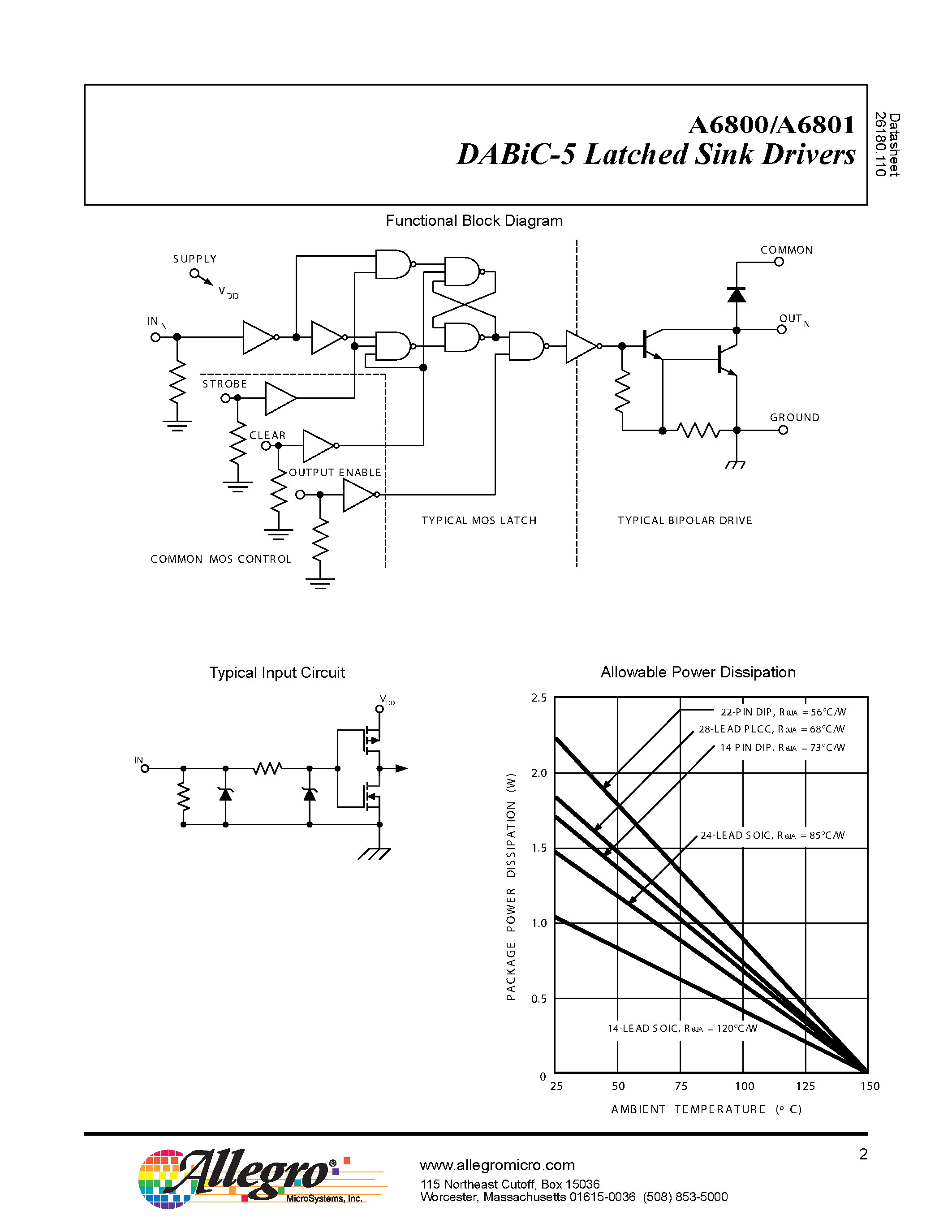 Datasheet A6800 - (A6800 / A6801) DABiC-5 Latched Sink Drivers page 2