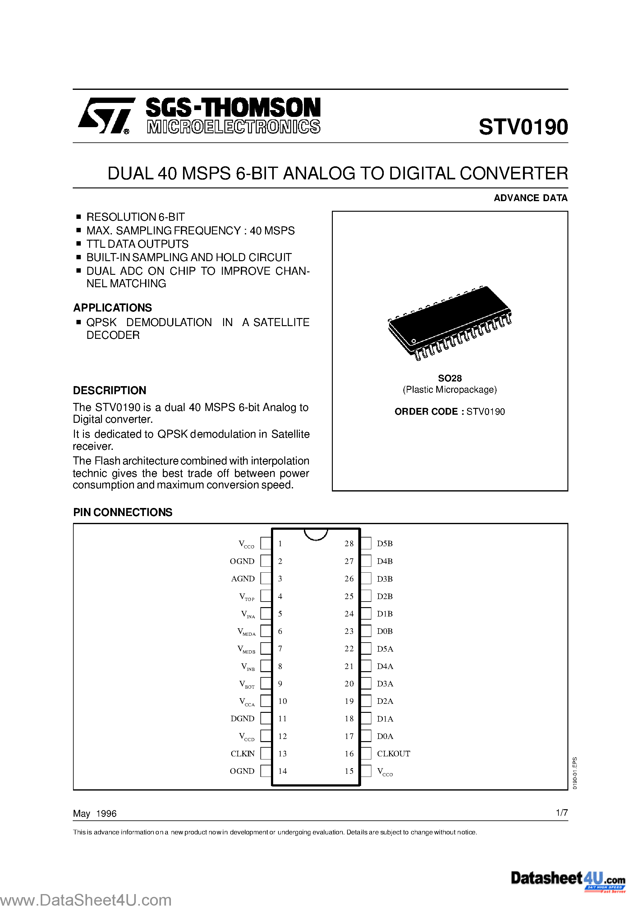 Datasheet STV0190 page 1 Datasheet STV0190 - DUAL 40 MSPS 6-BIT ANALOG TO DIGITAL CONVERTER page 1