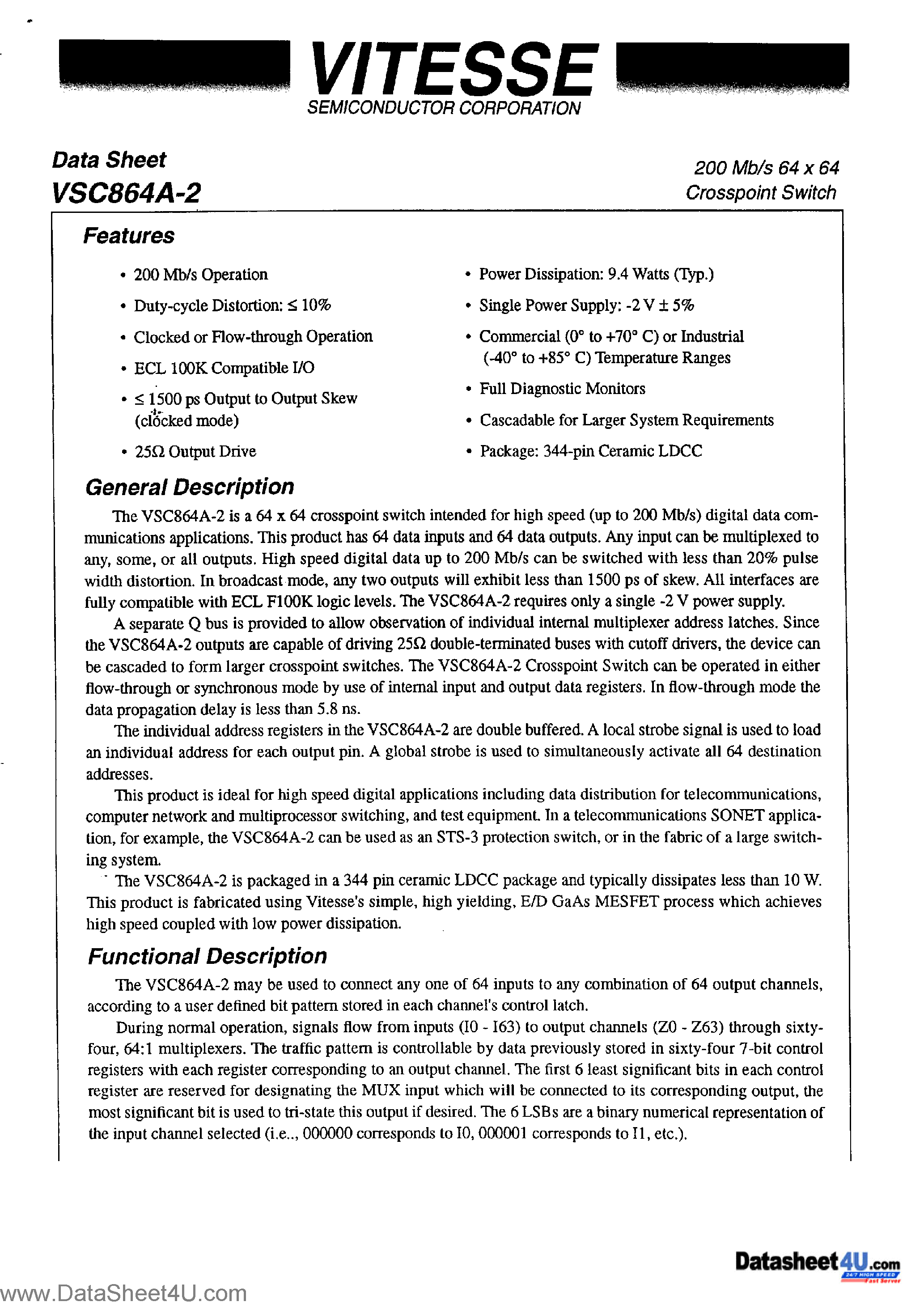 Datasheet VSC864A-2 - Crosspoint Switch page 1