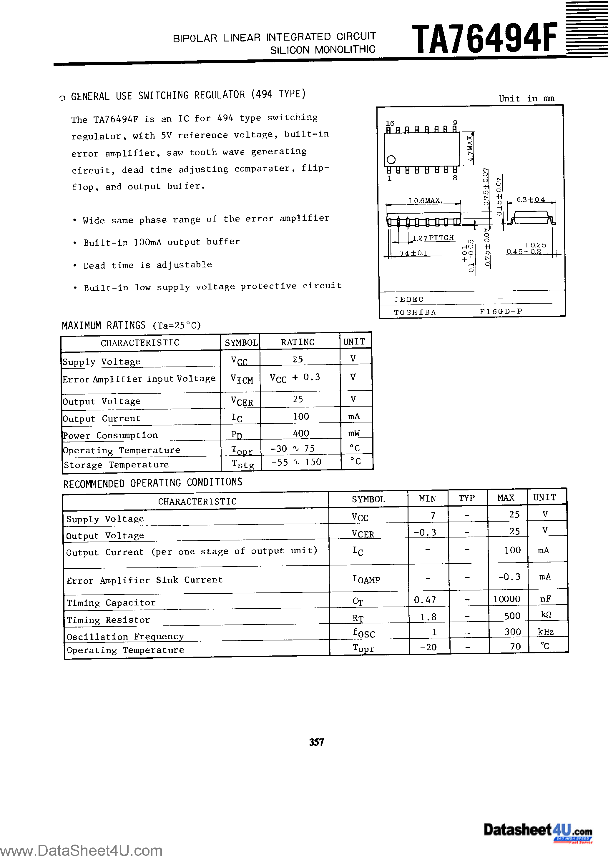 Datasheet TA76494F page 1 Datasheet TA76494F - General Use Switching Regulator page 1