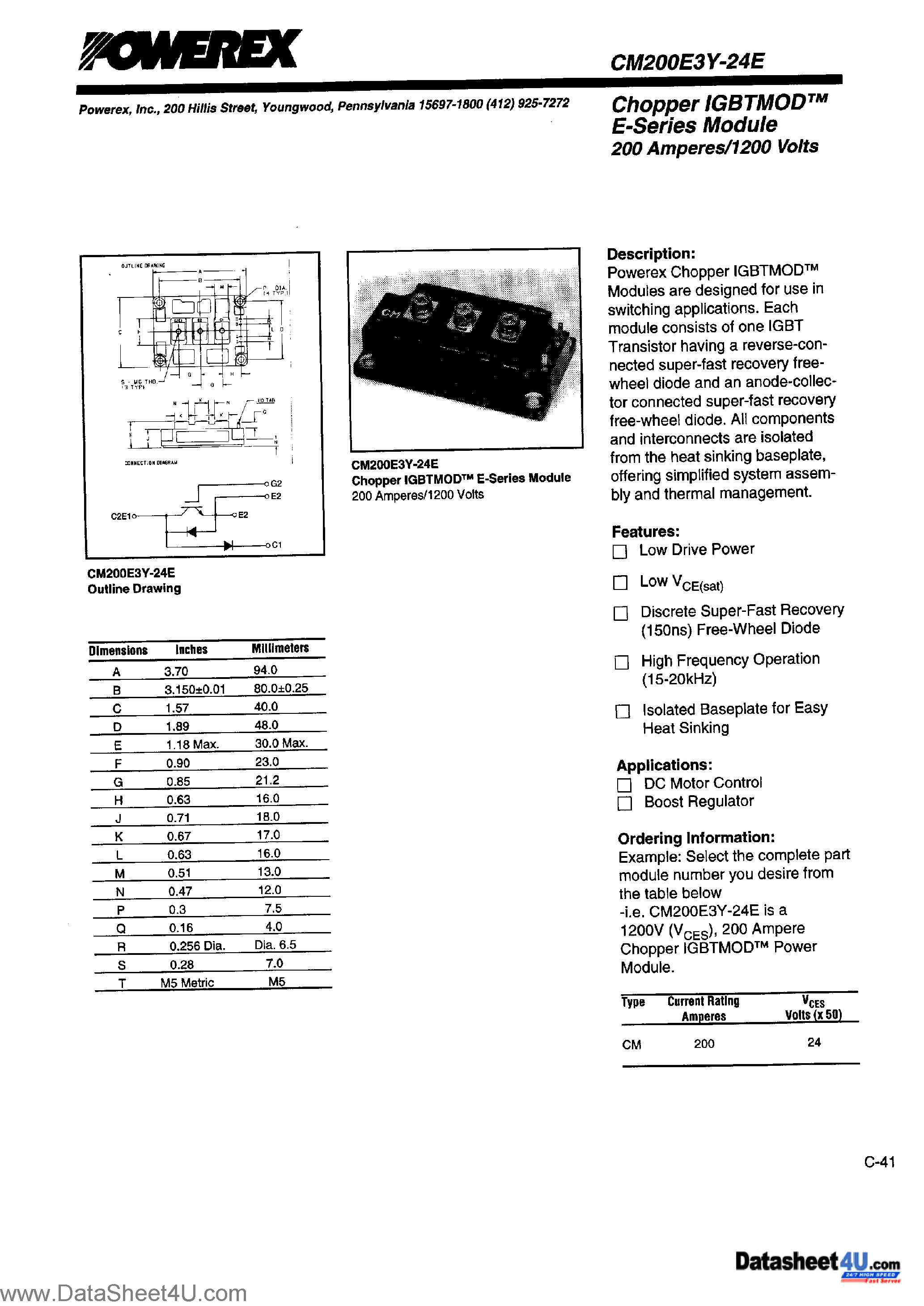 Даташит CM200E3Y-24E - Chopper IGBTMOD E-Series Module страница 1
