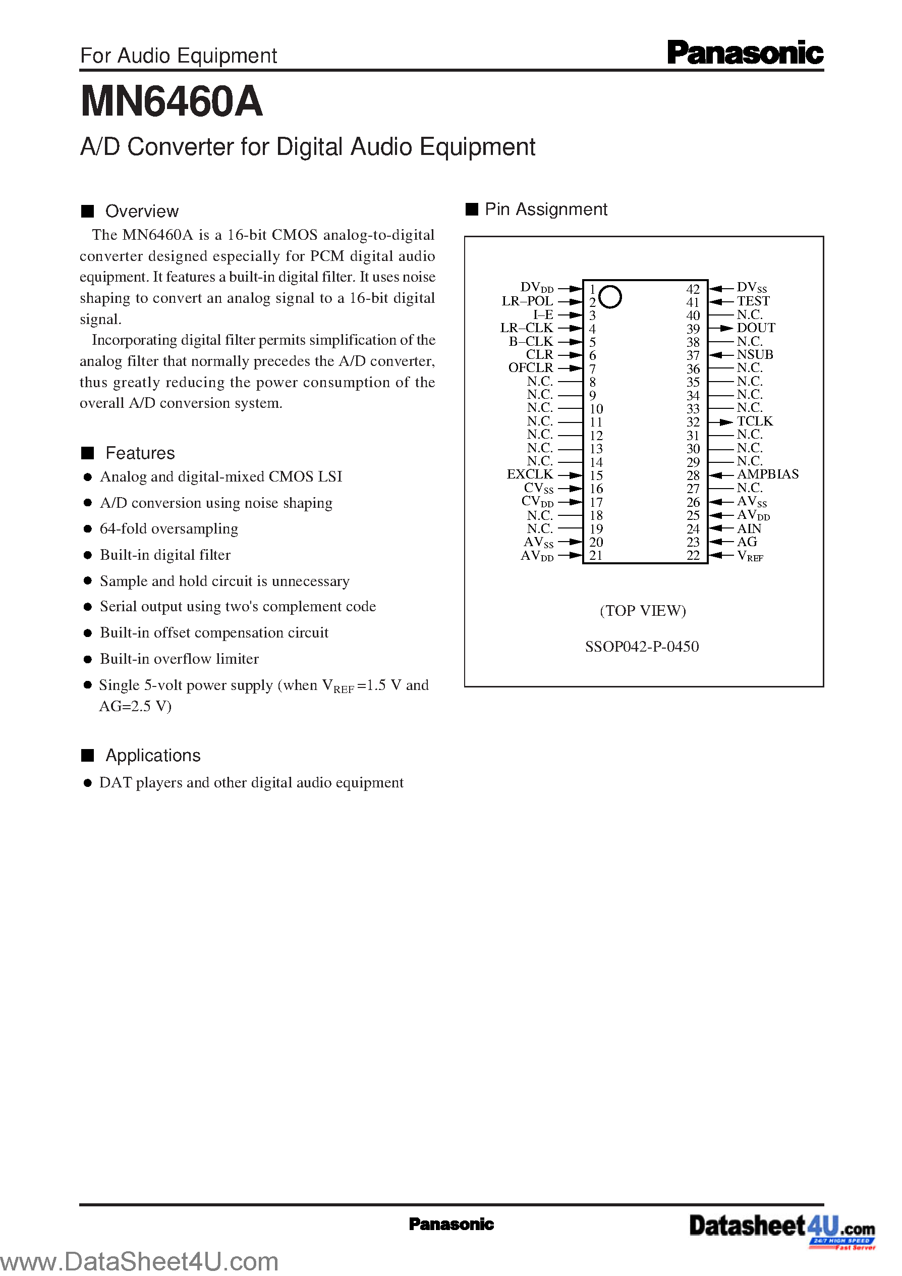 Даташит MN6460A - A/D Converter for Digital Audio Equipment страница 1