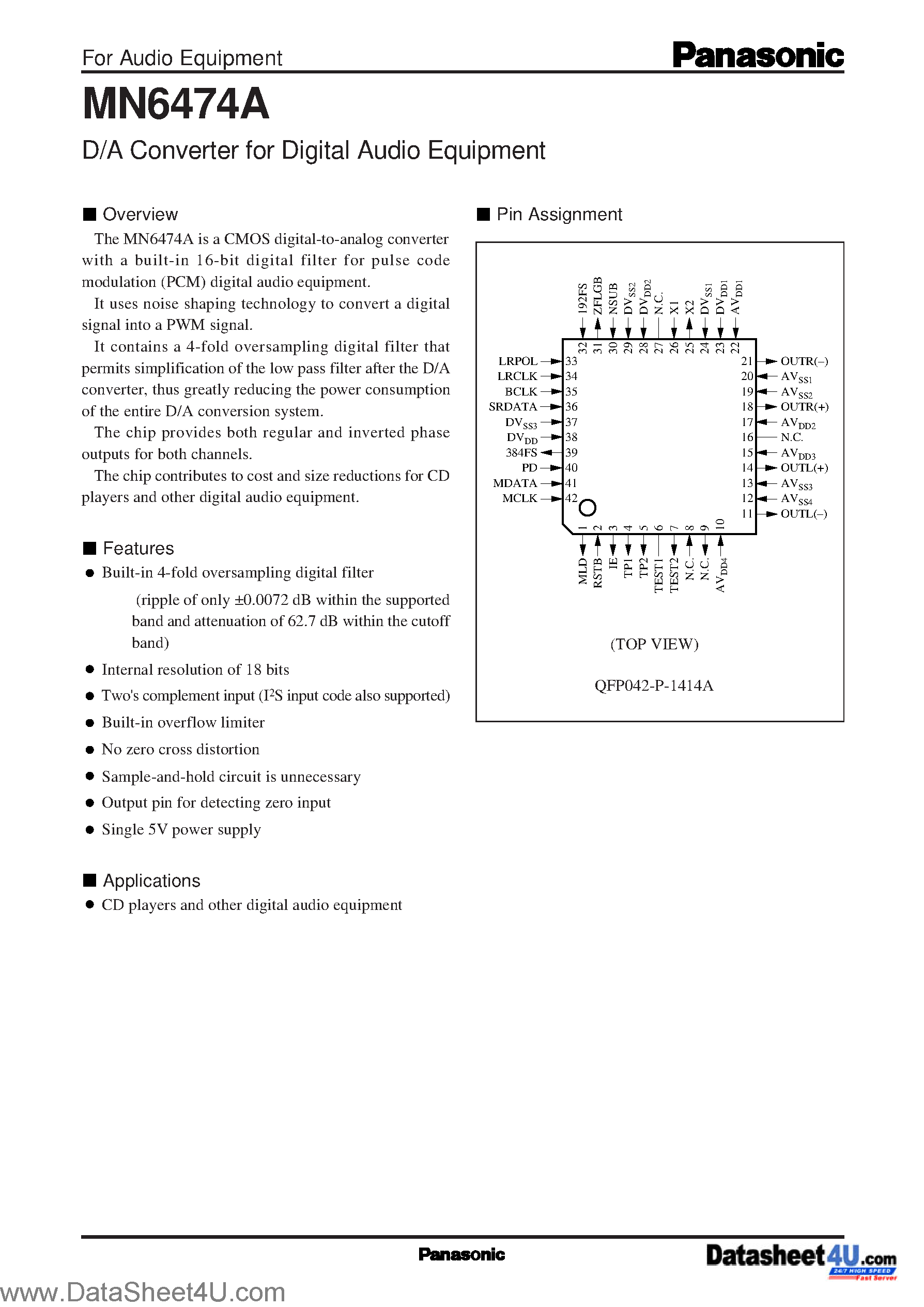 Даташит MN6474A - D/A Converter for Digital Audio Equipment страница 1
