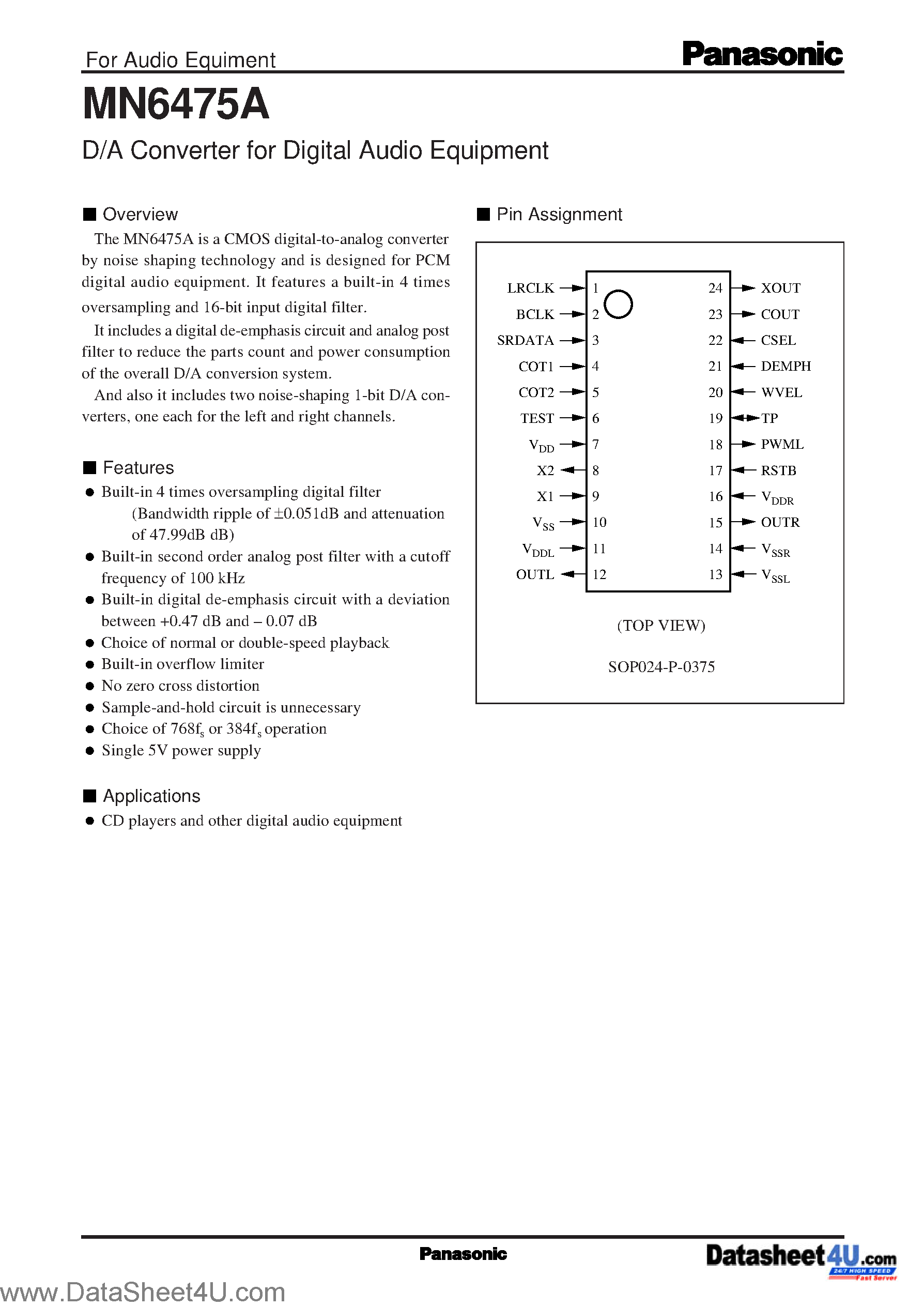 Даташит MN6475A - D/A Converter for Digital Audio Equipment страница 1