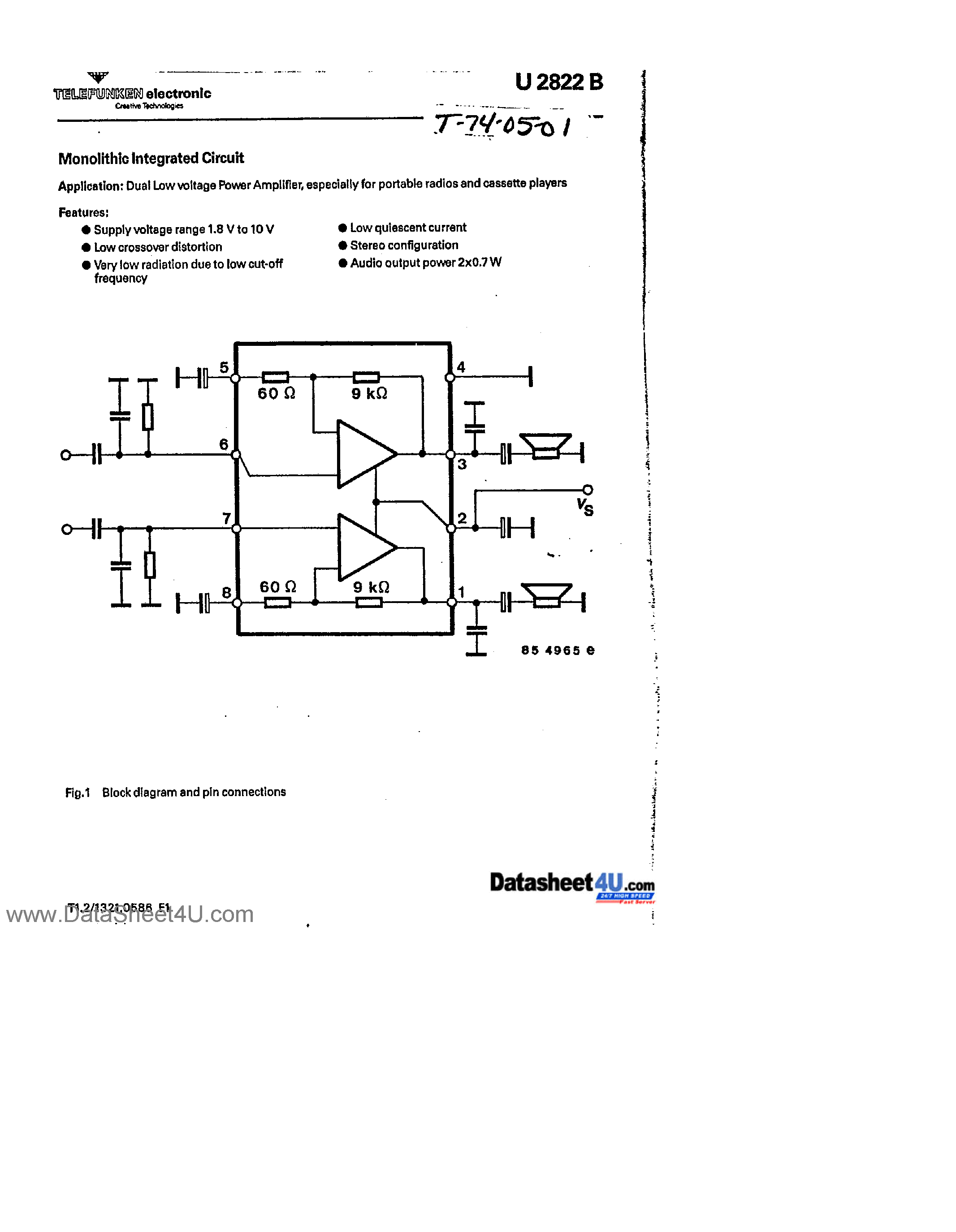 Datasheet U2822B page 1 Datasheet U2822B - Monolithic Lntegrated Circuit page 1