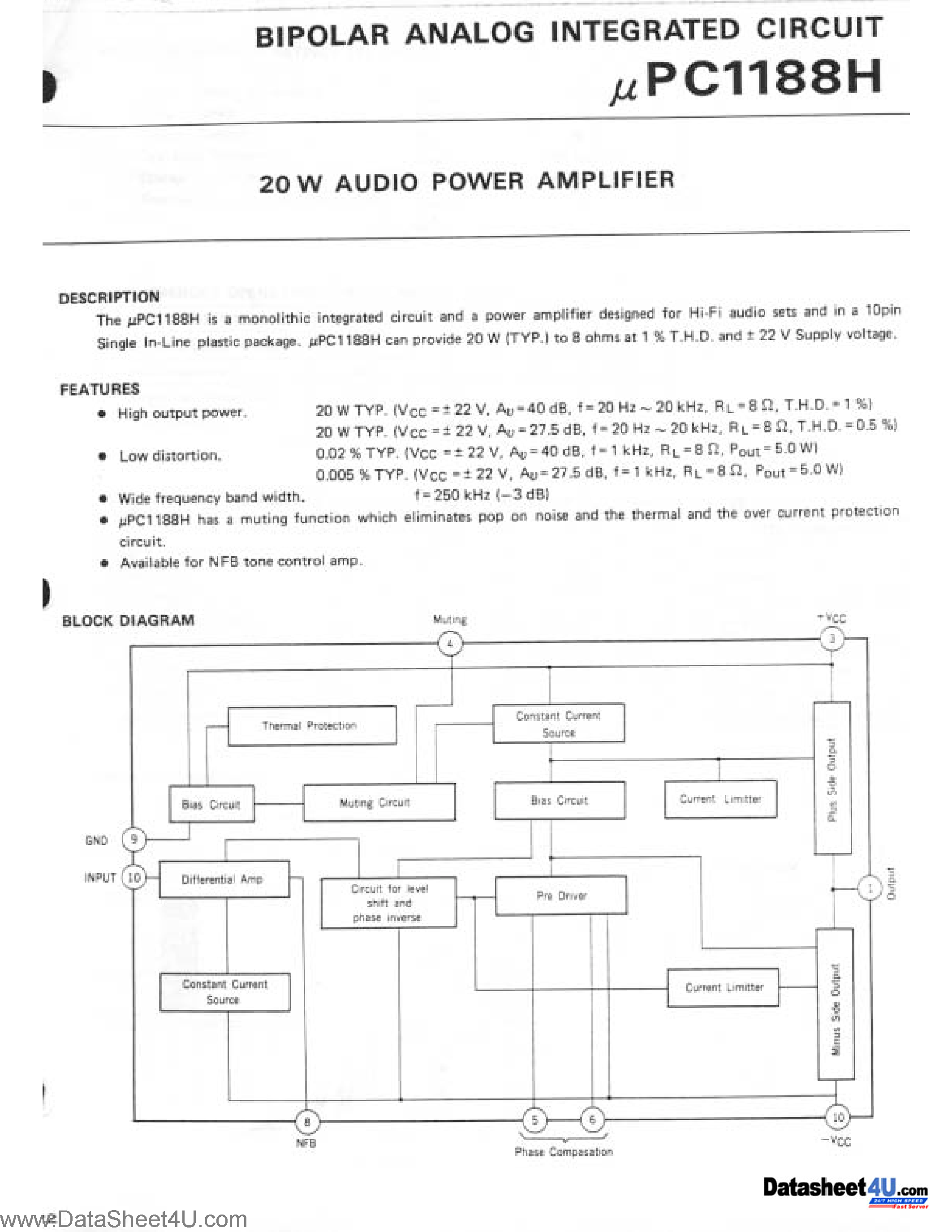 Datasheet UPC1188H page 1 Datasheet UPC1188H - 20 W AUDIO POWER AMPLIFIER page 1