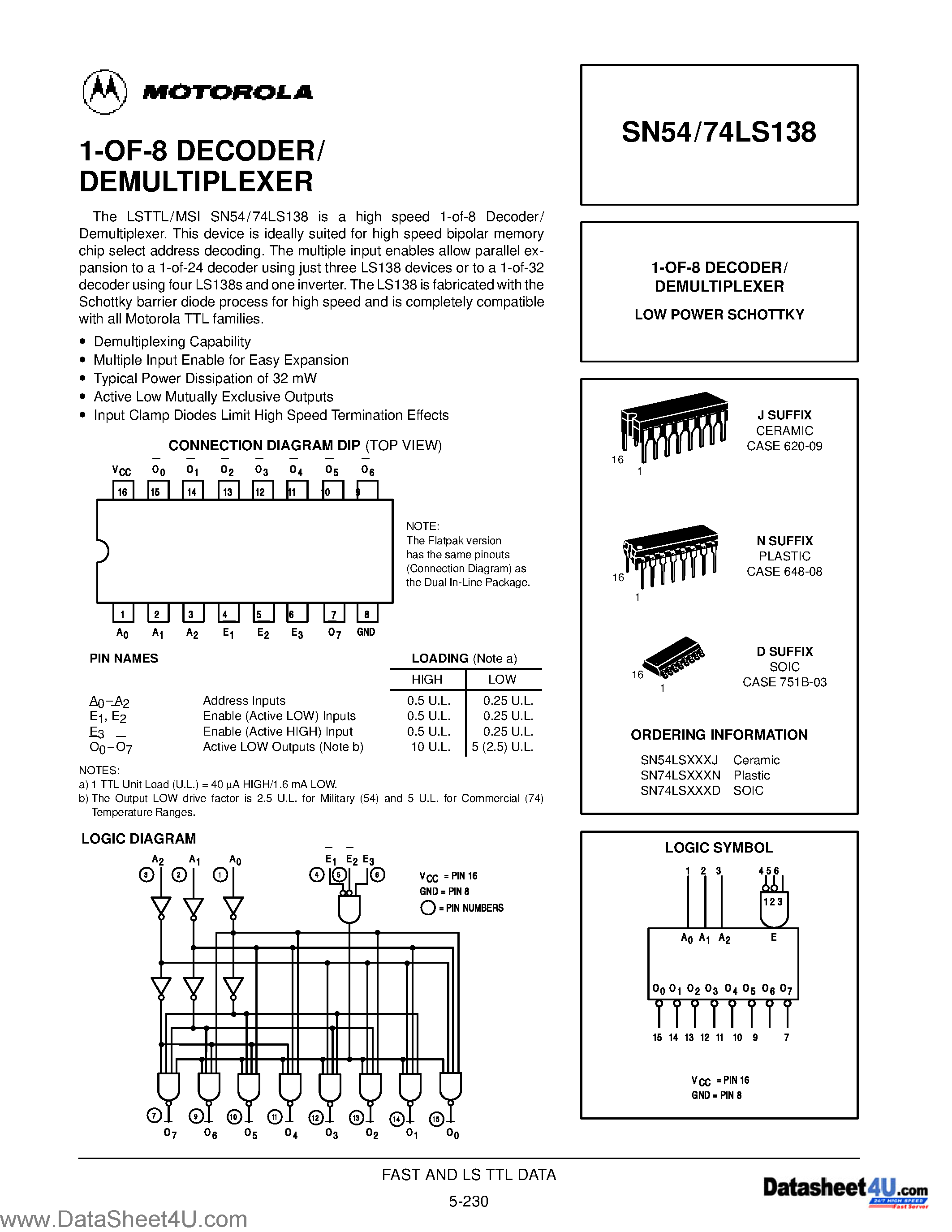 Datasheet 54LS138 page 1 Datasheet 54LS138 - 1-OF-8 DECODER/ DEMULTIPLEXER page 1