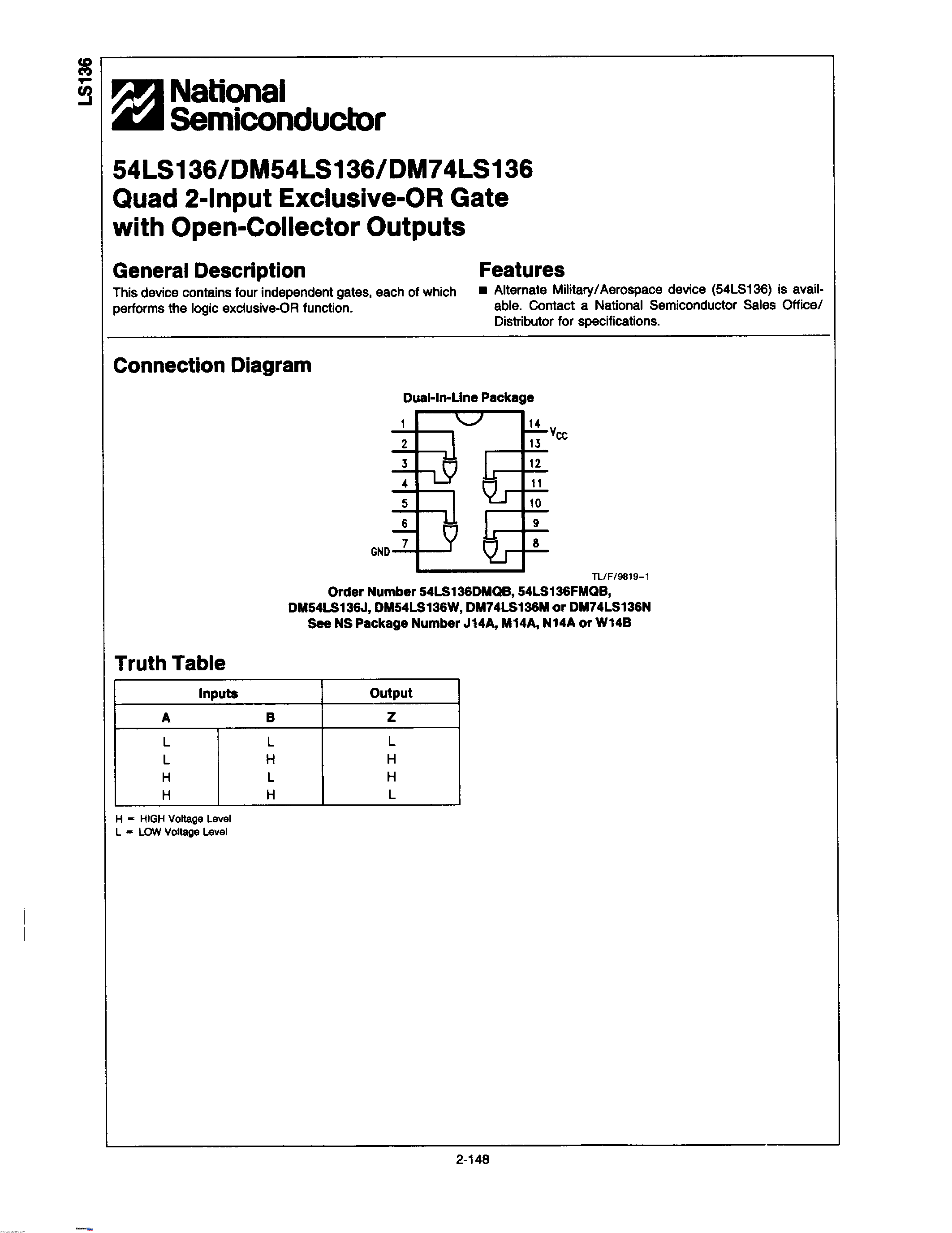 Datasheet 54LS136 - QUAD 2-INPUT EXCLUSIVE-OR GATE WITH OPEN-COLLECTOR OUTPUTS page 1