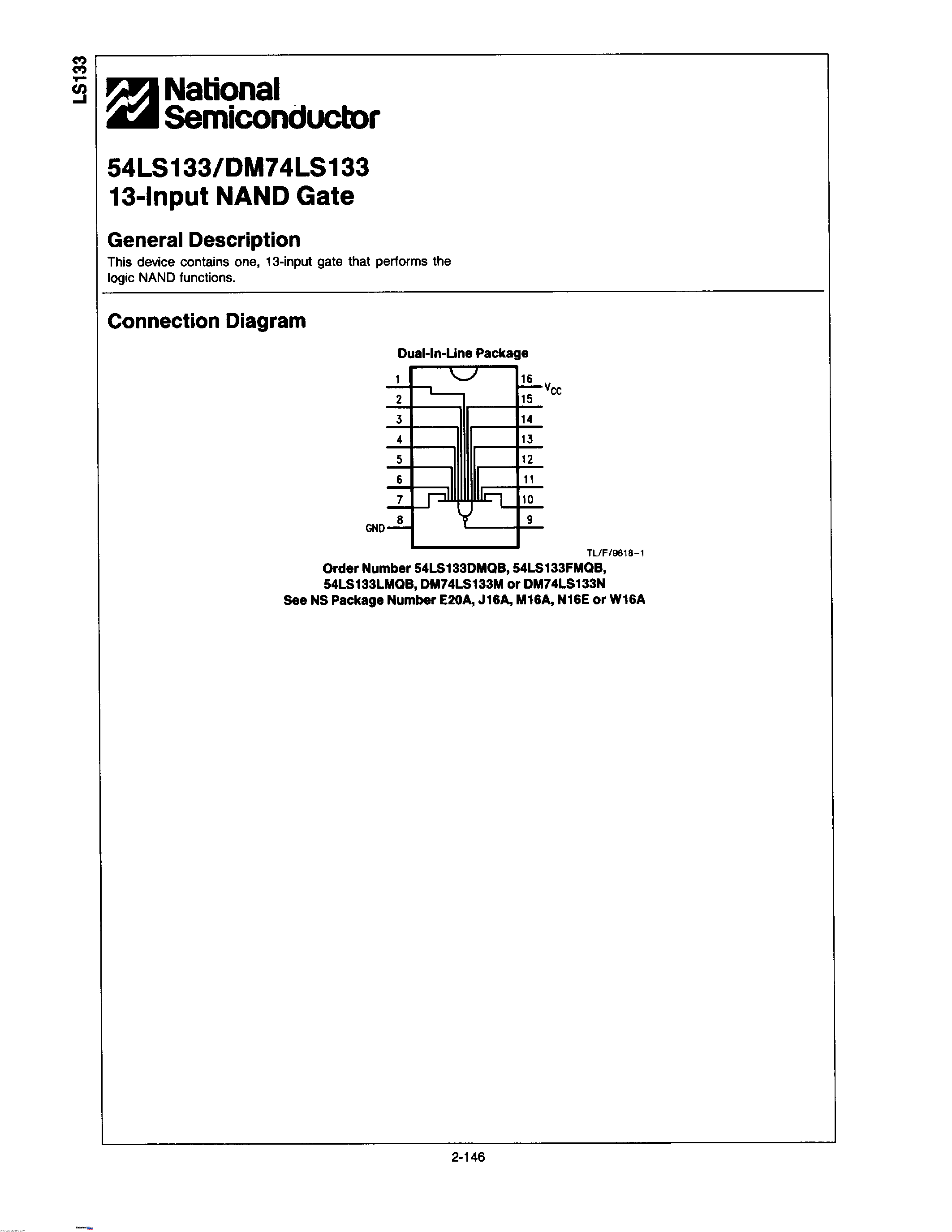Даташит 54LS133 - 13-INPUT NAND GATE страница 1