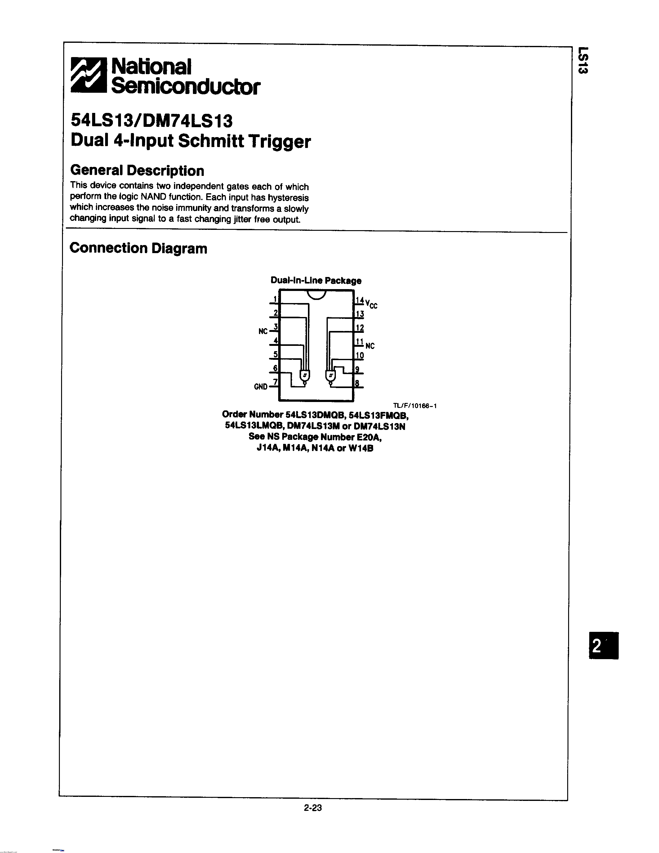 Datasheet 54LS13 page 1 Datasheet 54LS13 - DUAL 4-INPUT SCHMITT TRIGGER page 1