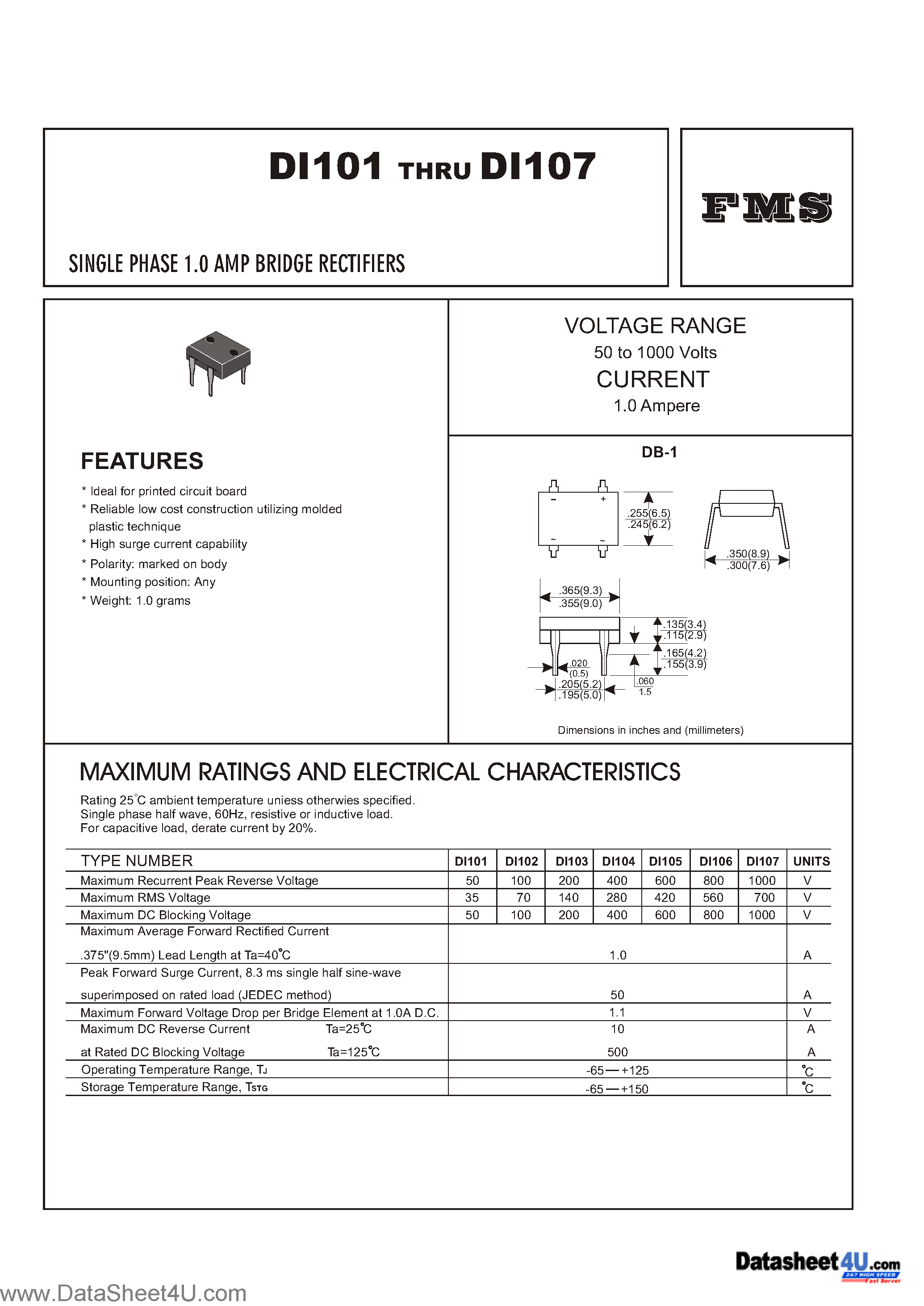 Datasheet DI101 - (DI101 - DI107) SINGLE PHASE 1.0 AMP BRIDGE RECTIFIERS page 1