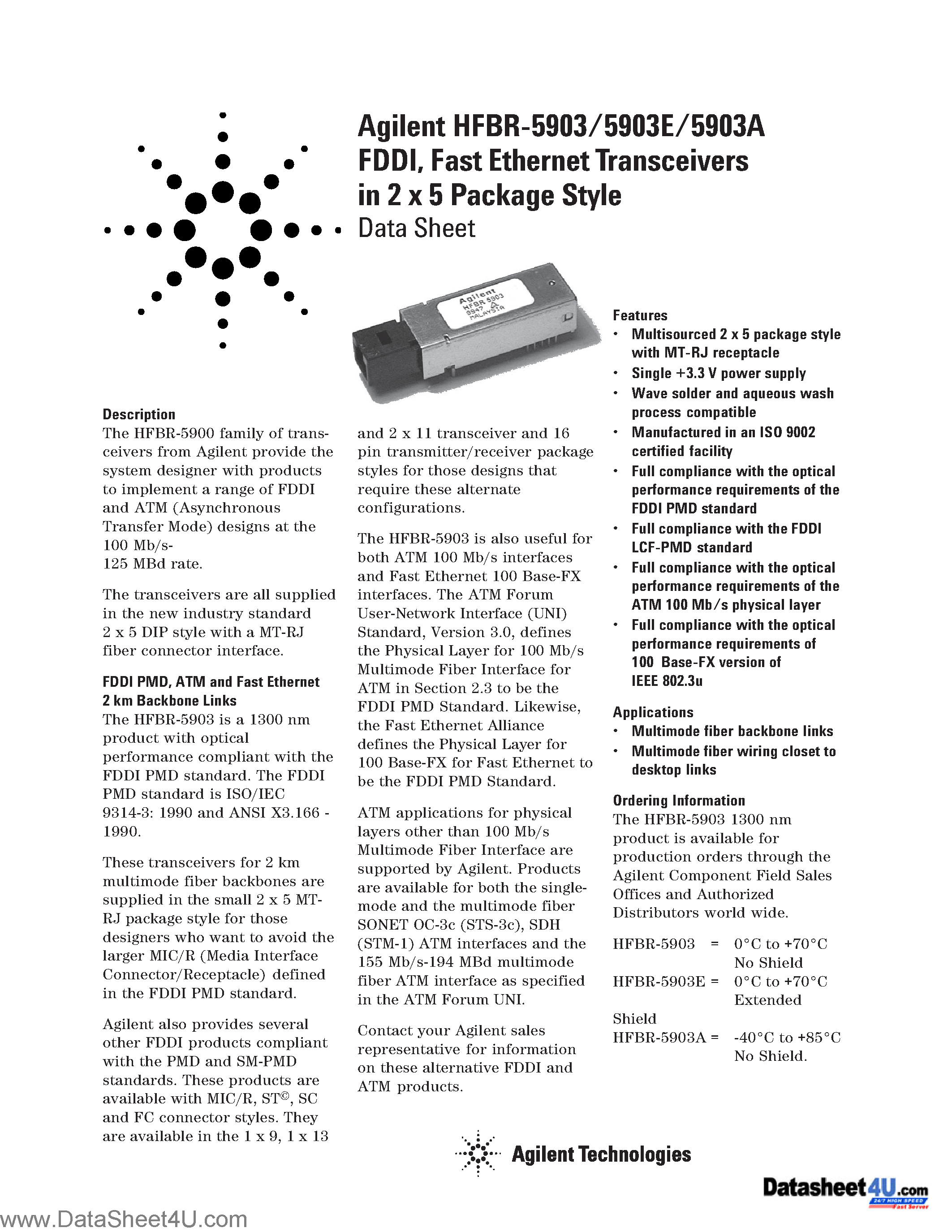 Datasheet HFBR-5903 - Fast Ethernet Transceivers in 2 x 5 Package Style page 1