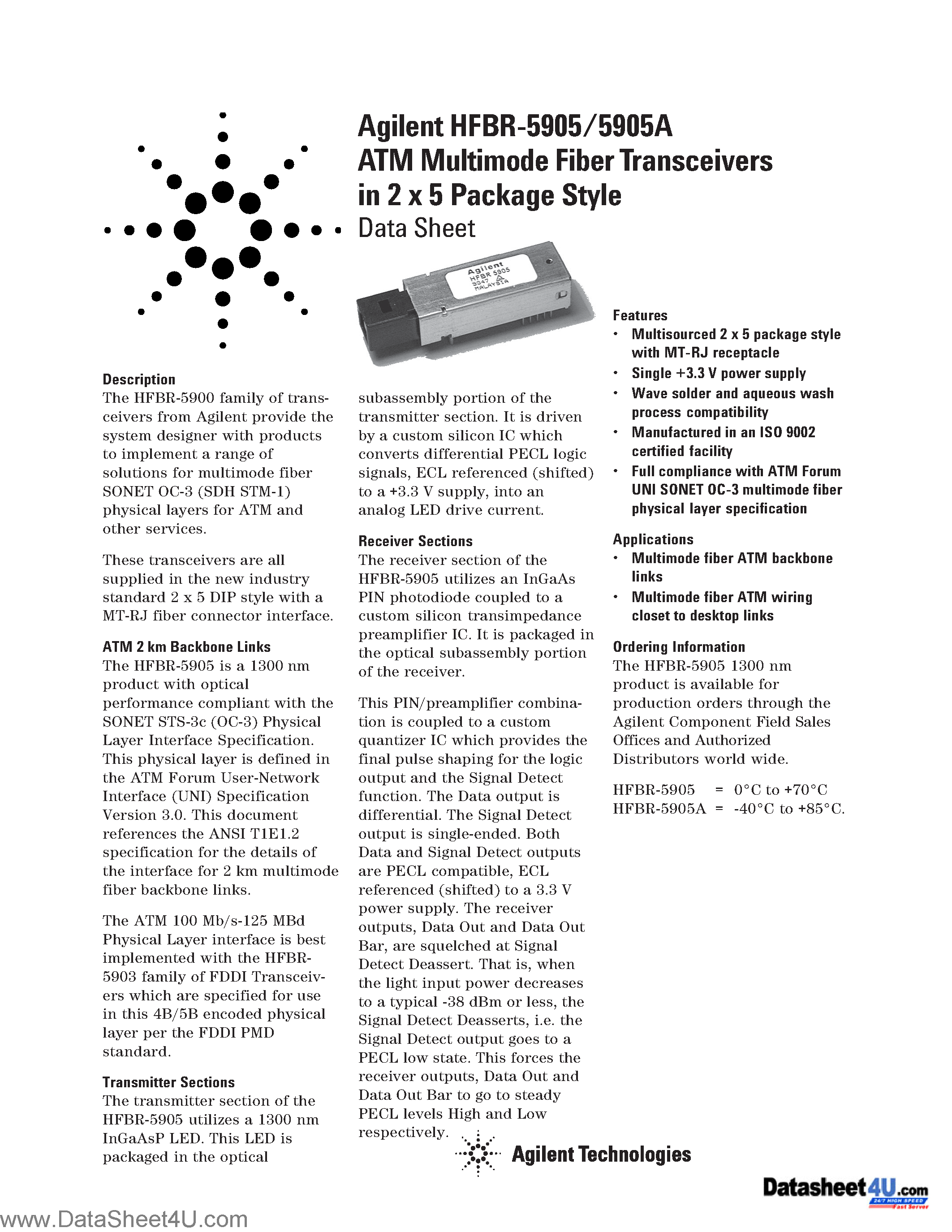 Datasheet HFBR5905 - ATM Multimode Fiber Transceivers in 2 x 5 Package Style page 1