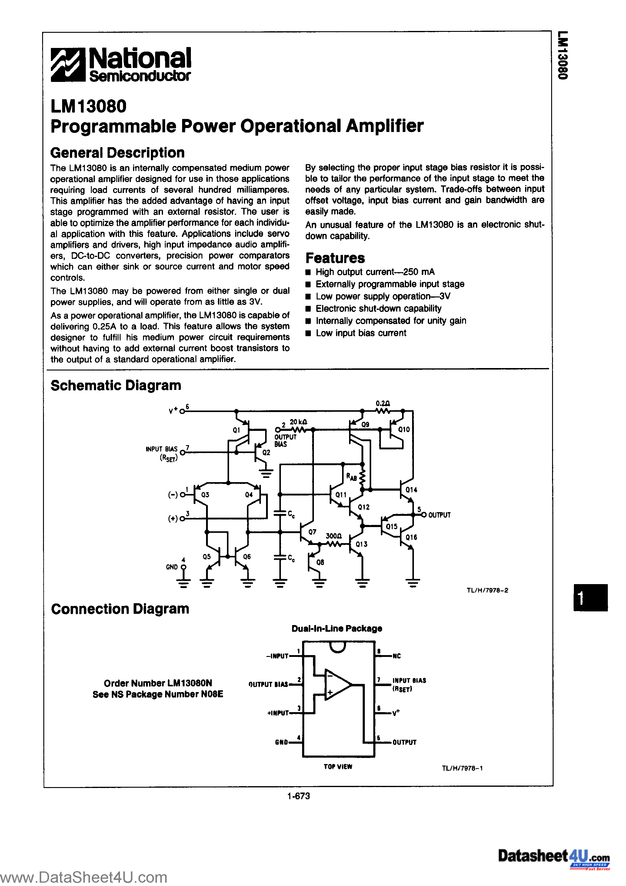 Datasheet LM13080 page 1 Datasheet LM13080 - Programmable Power Operational Amplifier page 1