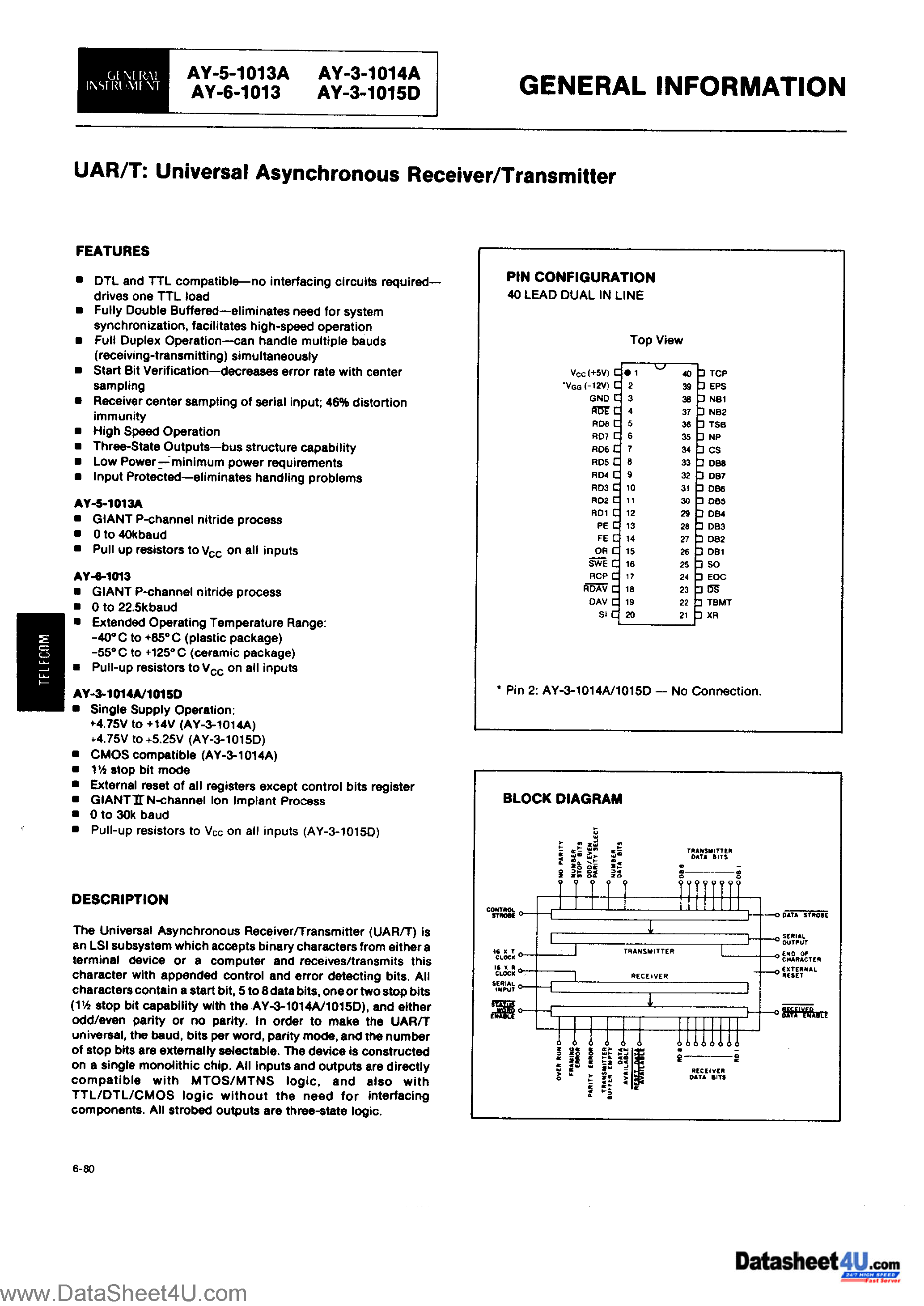 Даташит AY-3-1013A - (AY-x) UNIVERSAL ASYNCHRONOUS RECEIVER / TRANSMITTER страница 1