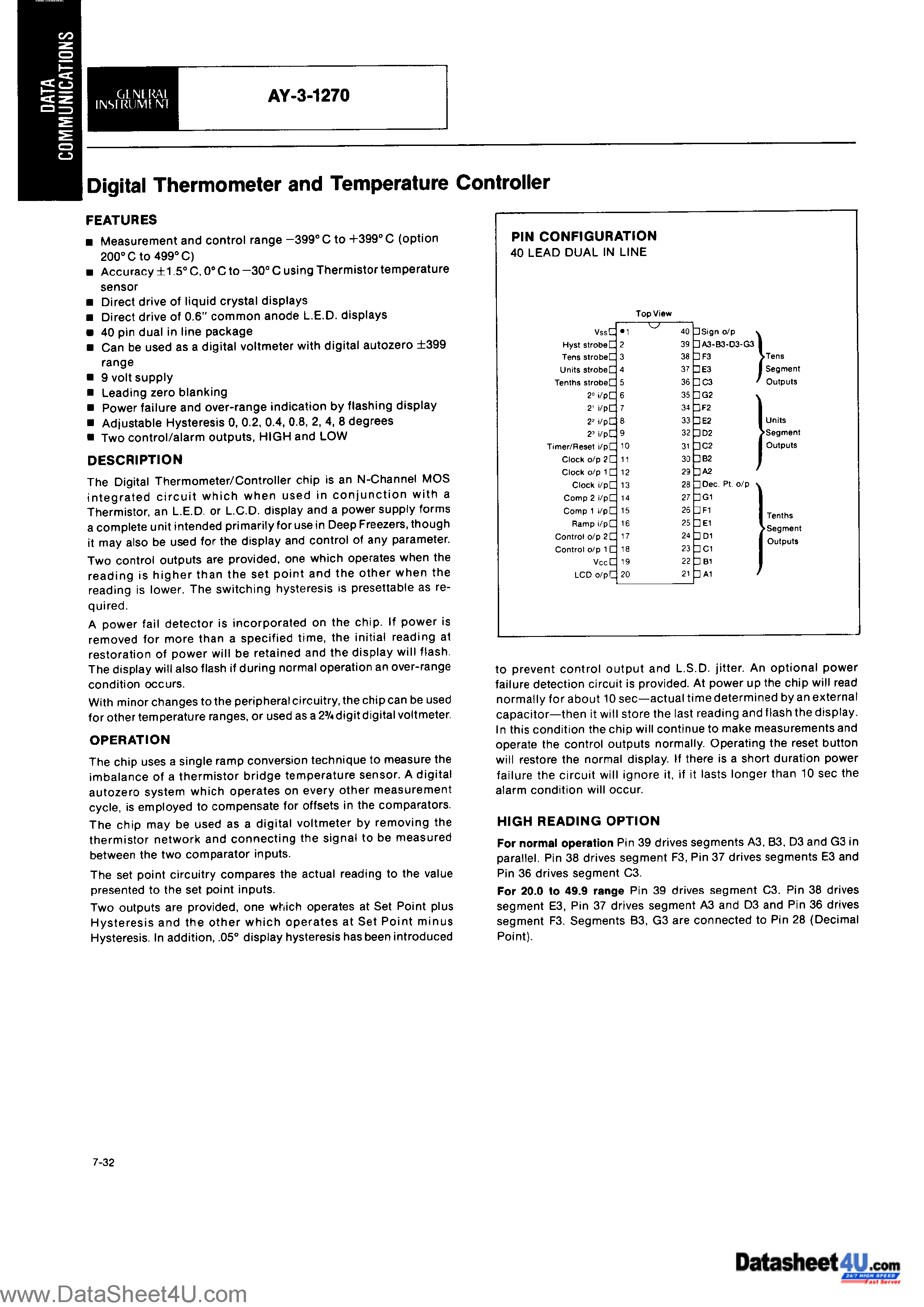Datasheet AY-3-1270 page 1 Datasheet AY-3-1270 - Digital Thermometer and Temperature Controller page 1