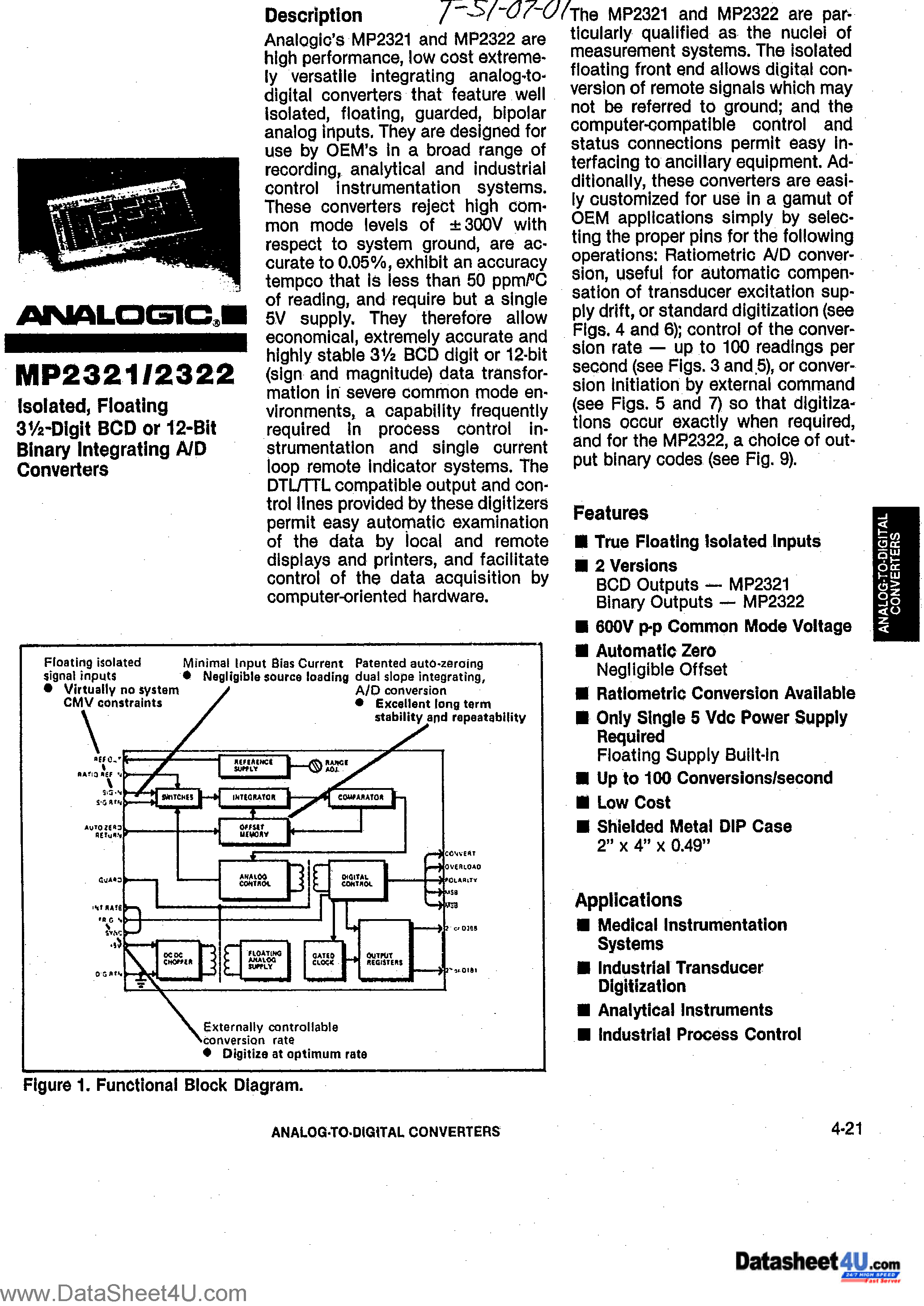 Даташит MP2321 - (MP2321 / MP2322) Isolated / Flating 3-Digit BCD or 12-Bit Binary Integrated A/D Converters страница 1