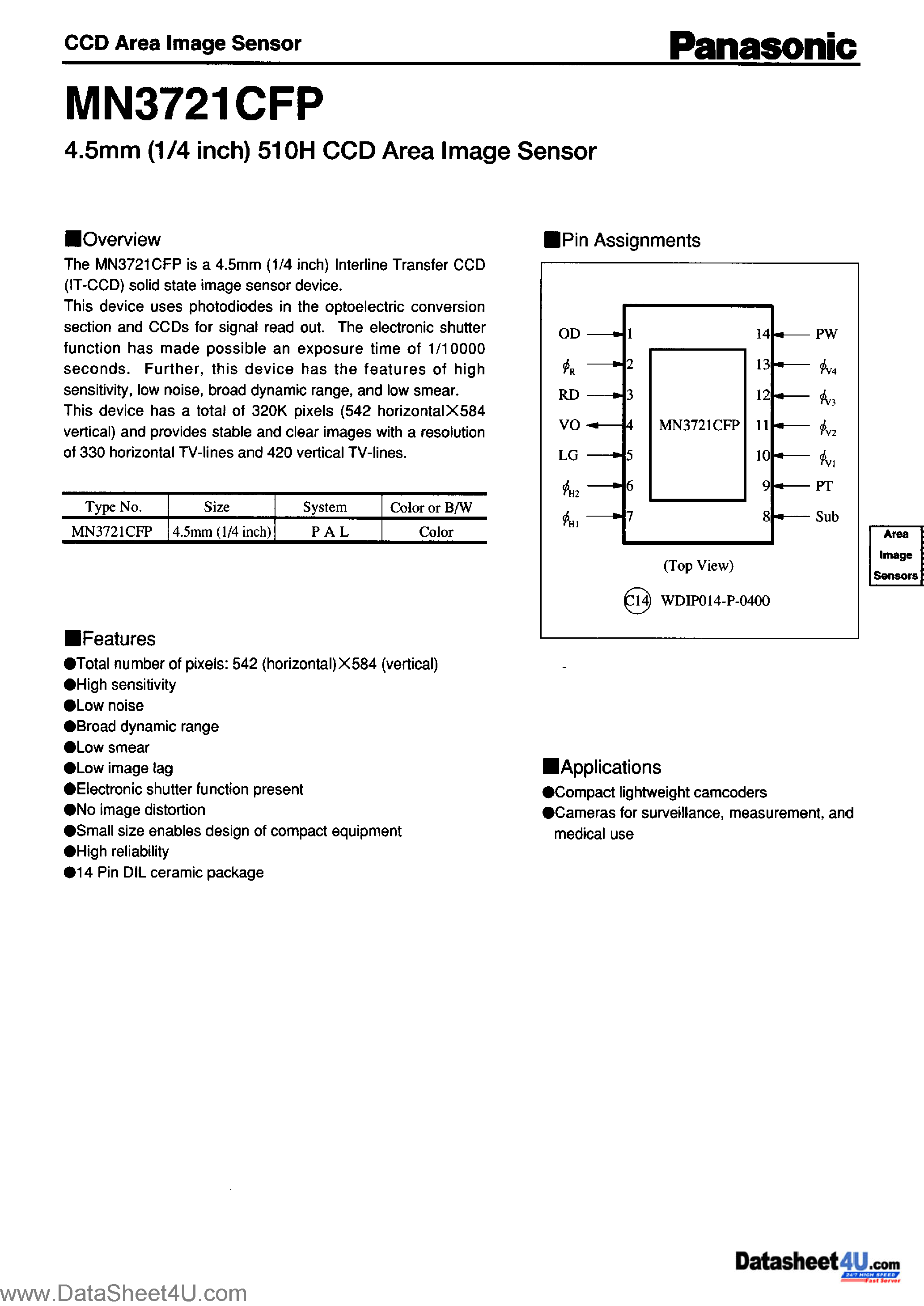 Datasheet MN3721CFP - 4.5mm 510H CCD Area Image Sensor page 1