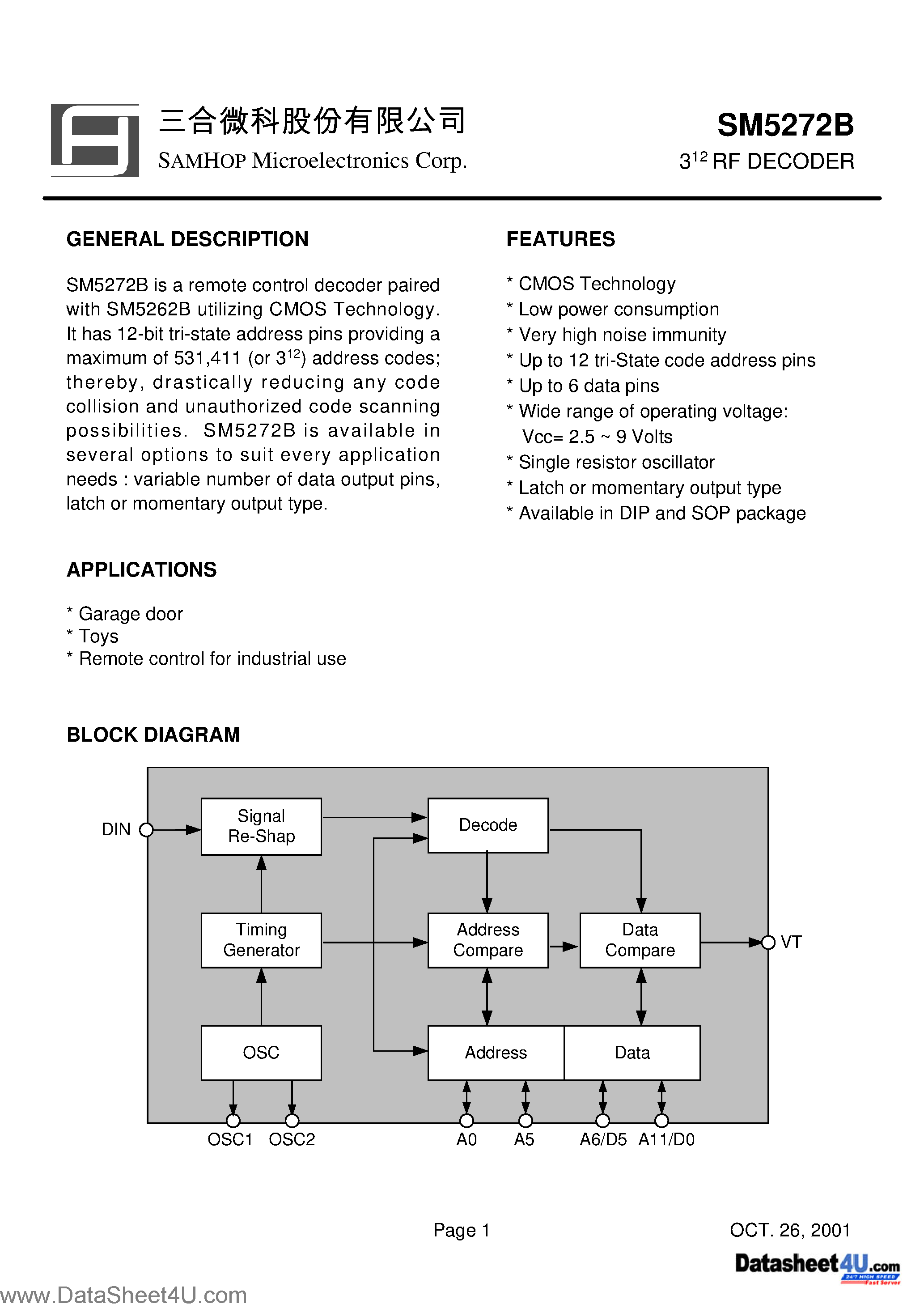 Datasheet SM5272B page 1 Datasheet SM5272B - 3 RF DECODER page 1