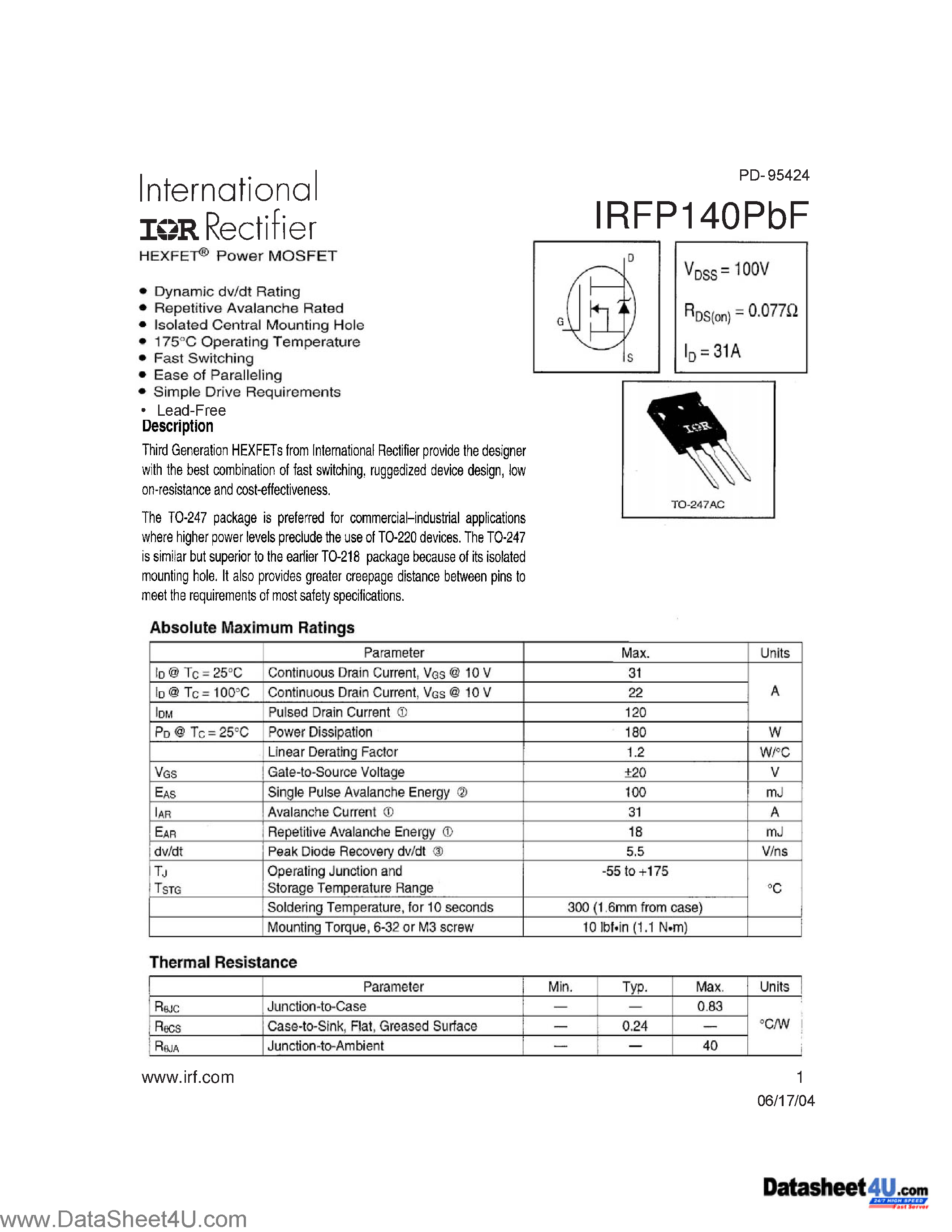 Datasheet IRFP140PBF page 1 Datasheet IRFP140PBF - Preferred for commercail-industrial applications page 1